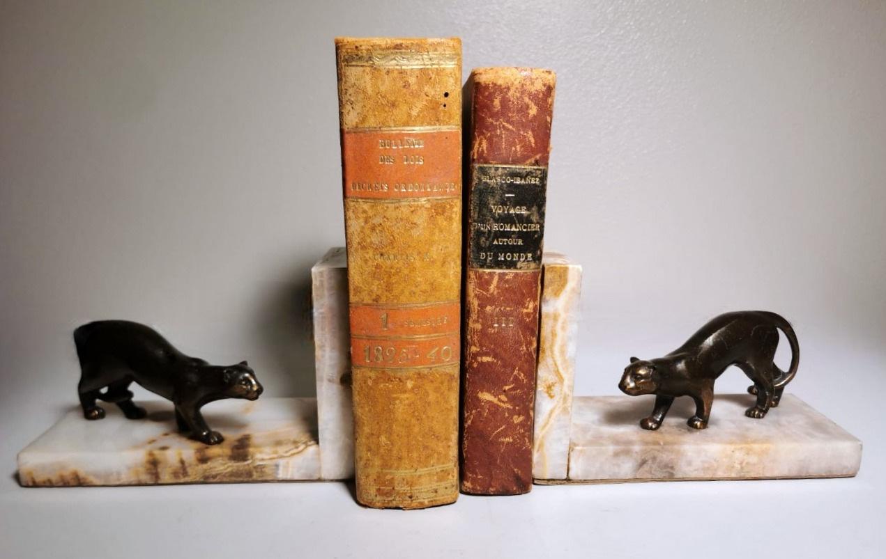 French Art Deco France Pair Of Panthers Metal Bookends And Fine Marble Base