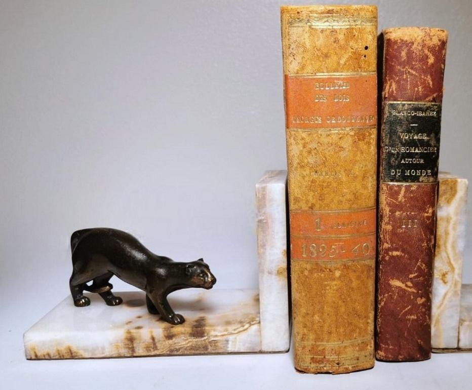 Cast Art Deco France Pair Of Panthers Metal Bookends And Fine Marble Base