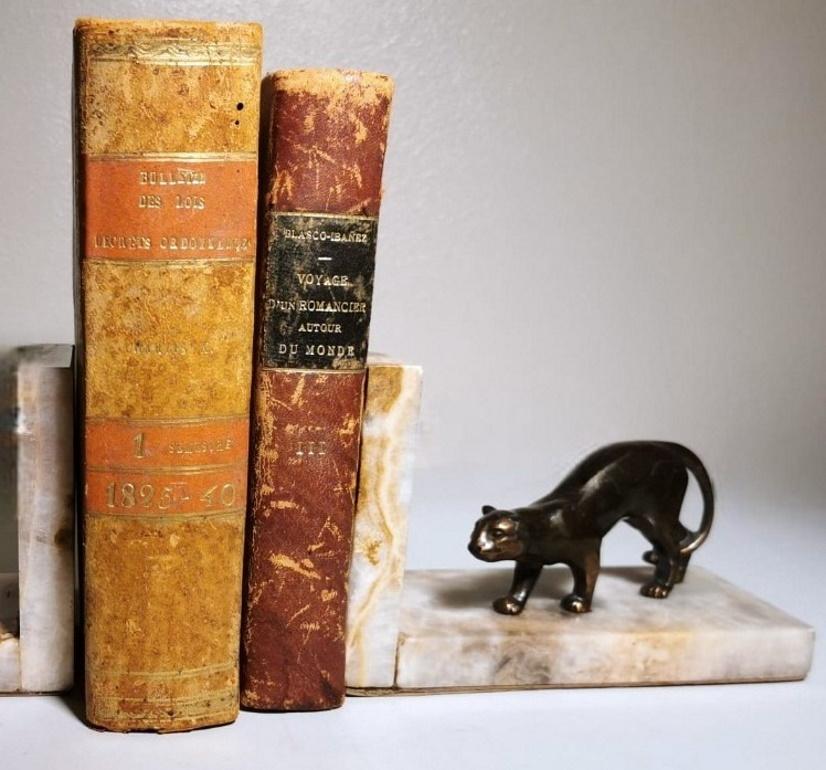Art Deco France Pair Of Panthers Metal Bookends And Fine Marble Base In Good Condition In Prato, Tuscany