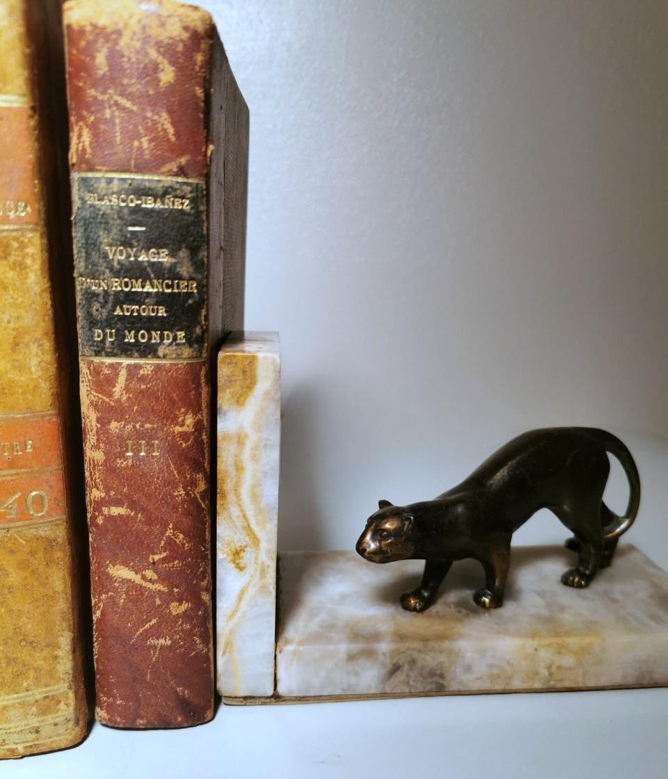 20th Century Art Deco France Pair Of Panthers Metal Bookends And Fine Marble Base