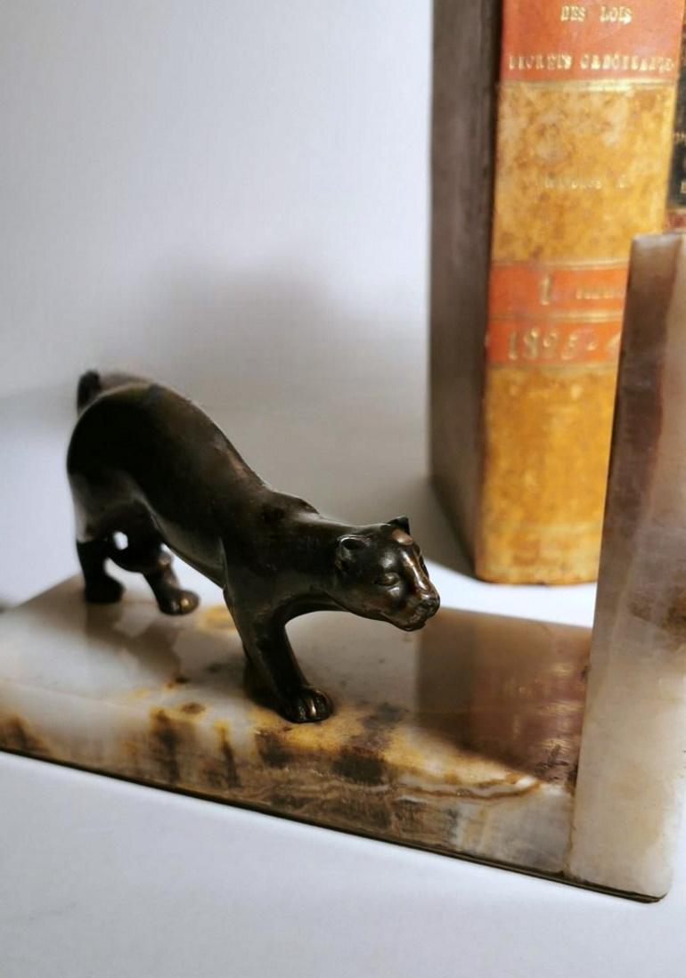 Art Deco France Pair Of Panthers Metal Bookends And Fine Marble Base 1