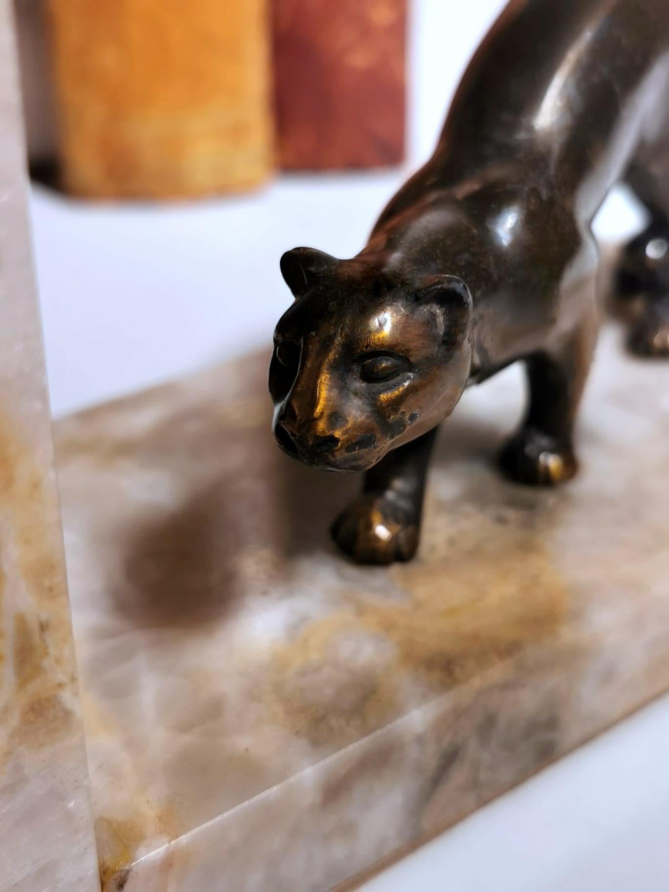 Art Deco France Pair Of Panthers Metal Bookends And Fine Marble Base 2