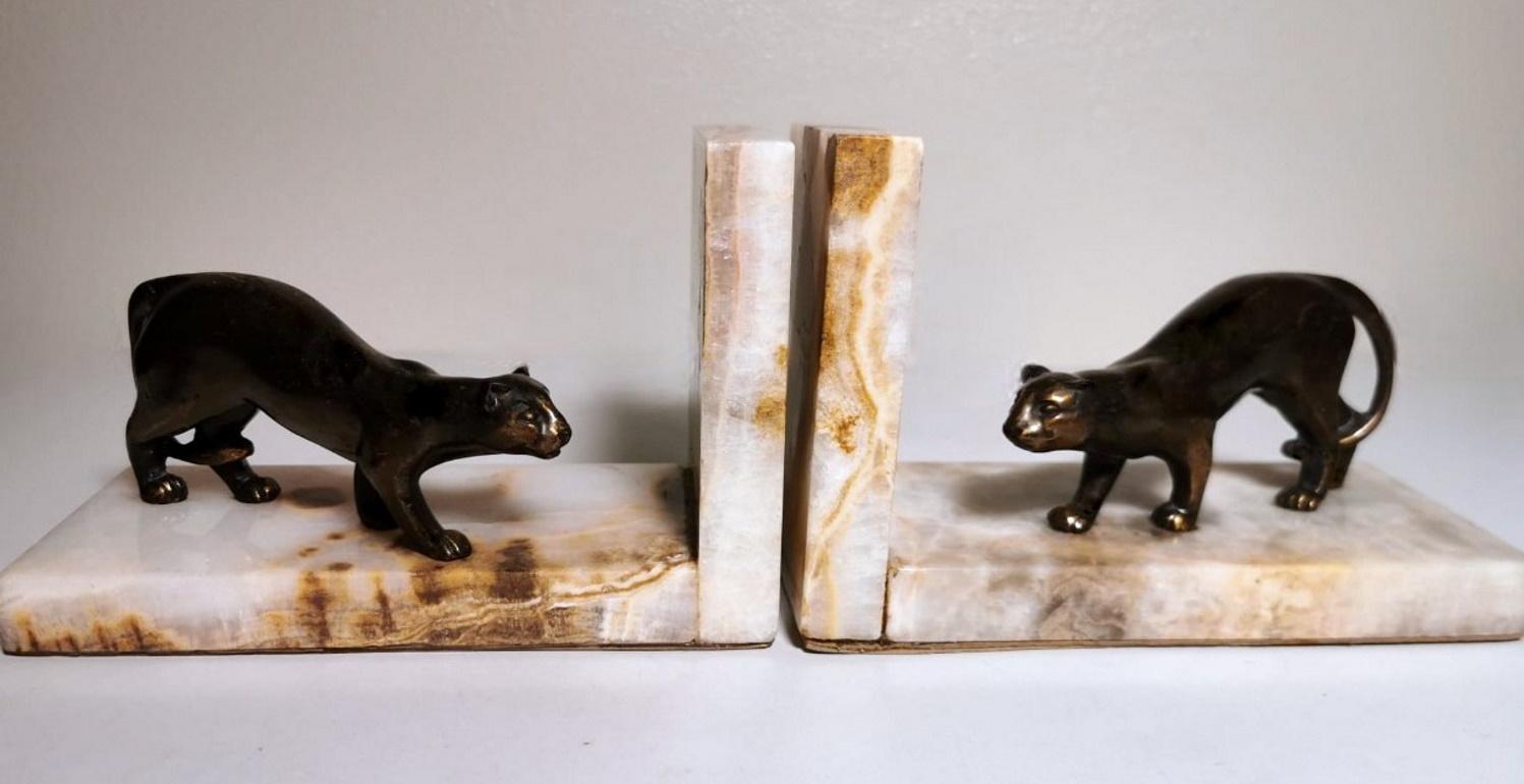 Art Deco France Pair Of Panthers Metal Bookends And Fine Marble Base 3