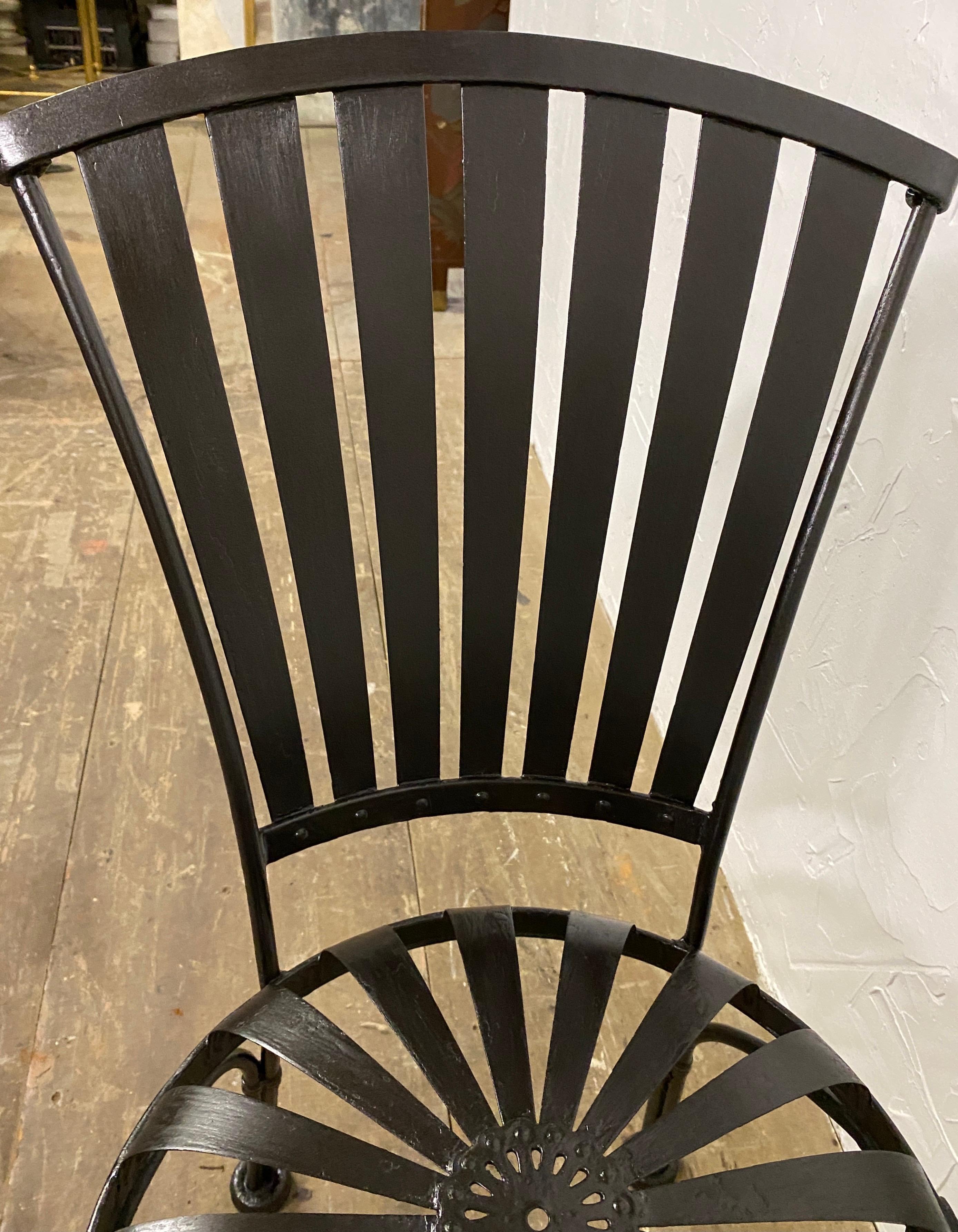 Unusual fan back Art Deco Francois Carre style French sunburst, painted wrought iron, outdoor garden side chair for dining or occasional chair -- Wonderful to use for outdoor dining, extra patio or garden chair. Perfect chair for a small kitchen