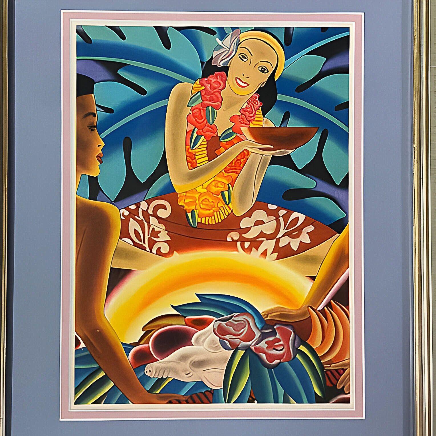 Mid-20th Century Art Deco Frank Macintosh Fruit Harvest & Hawaii The Luau Menu Covers Framed Pair