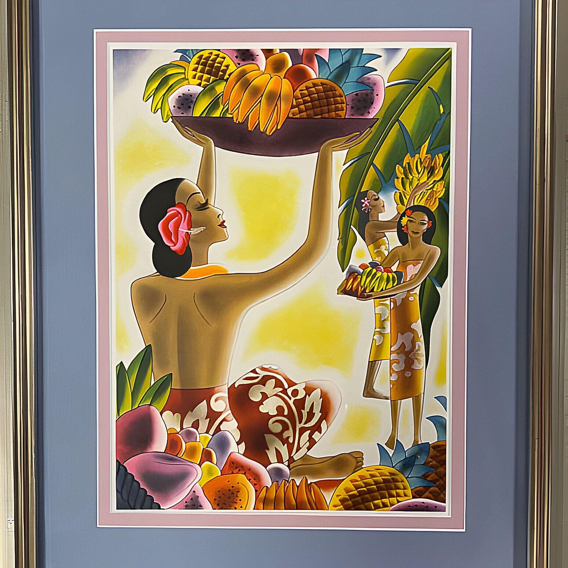 Art Deco Frank Macintosh Fruit Harvest & Hawaii The Luau Menu Covers Framed Pair 1