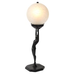 Lampada da tavolo Art Deco Frankart L210 con paralume in bronzo nudo e vetro bianco craqueleur