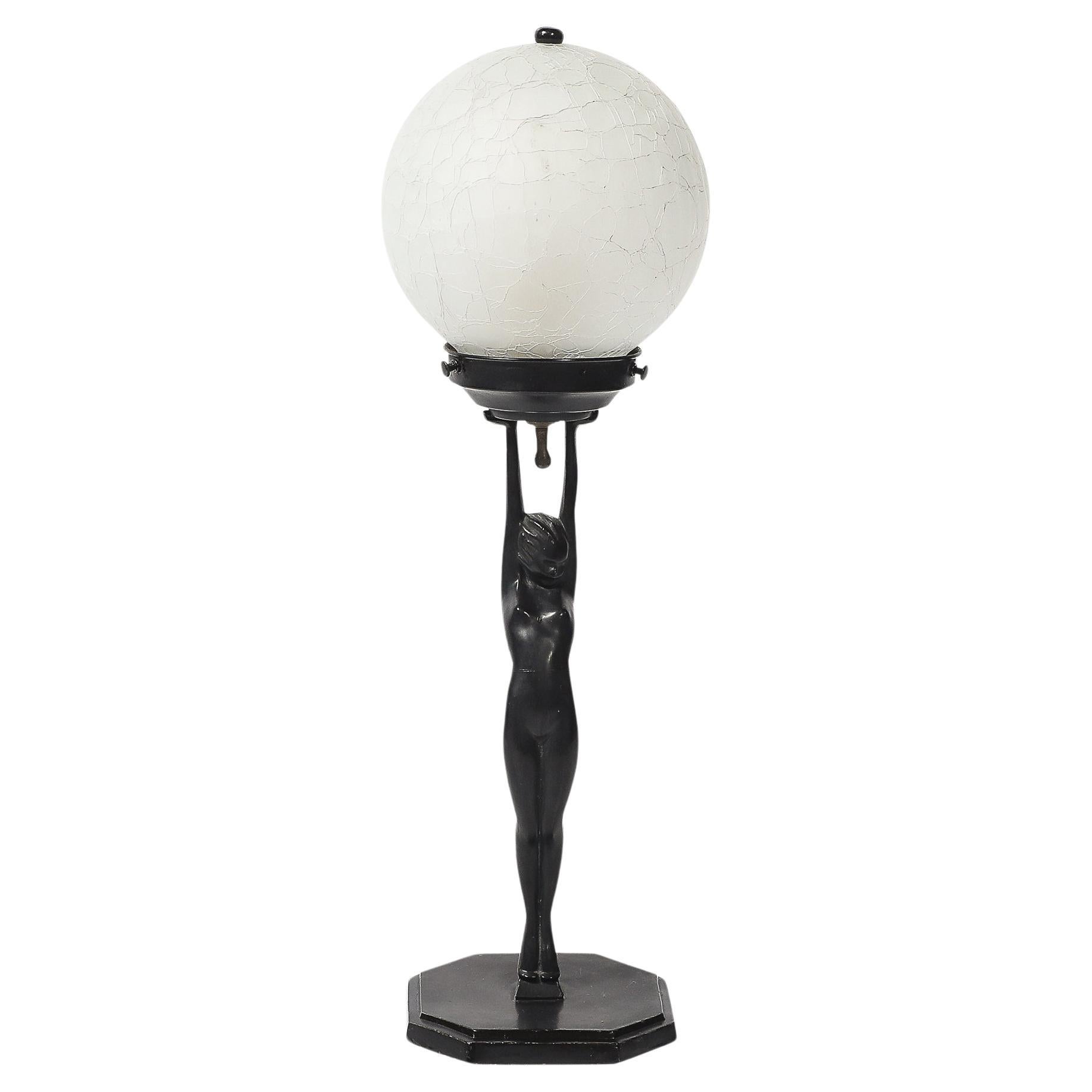 Lámpara de Sobremesa Art Decó Frankart L210 Bronce Desnudo y Pantalla de Cristal Blanco Craqueleur