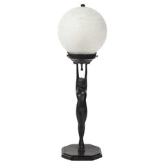 Lampe à poser Art Déco Frankart L210 en bronze nude et abat-jour en verre blanc Craqueleur