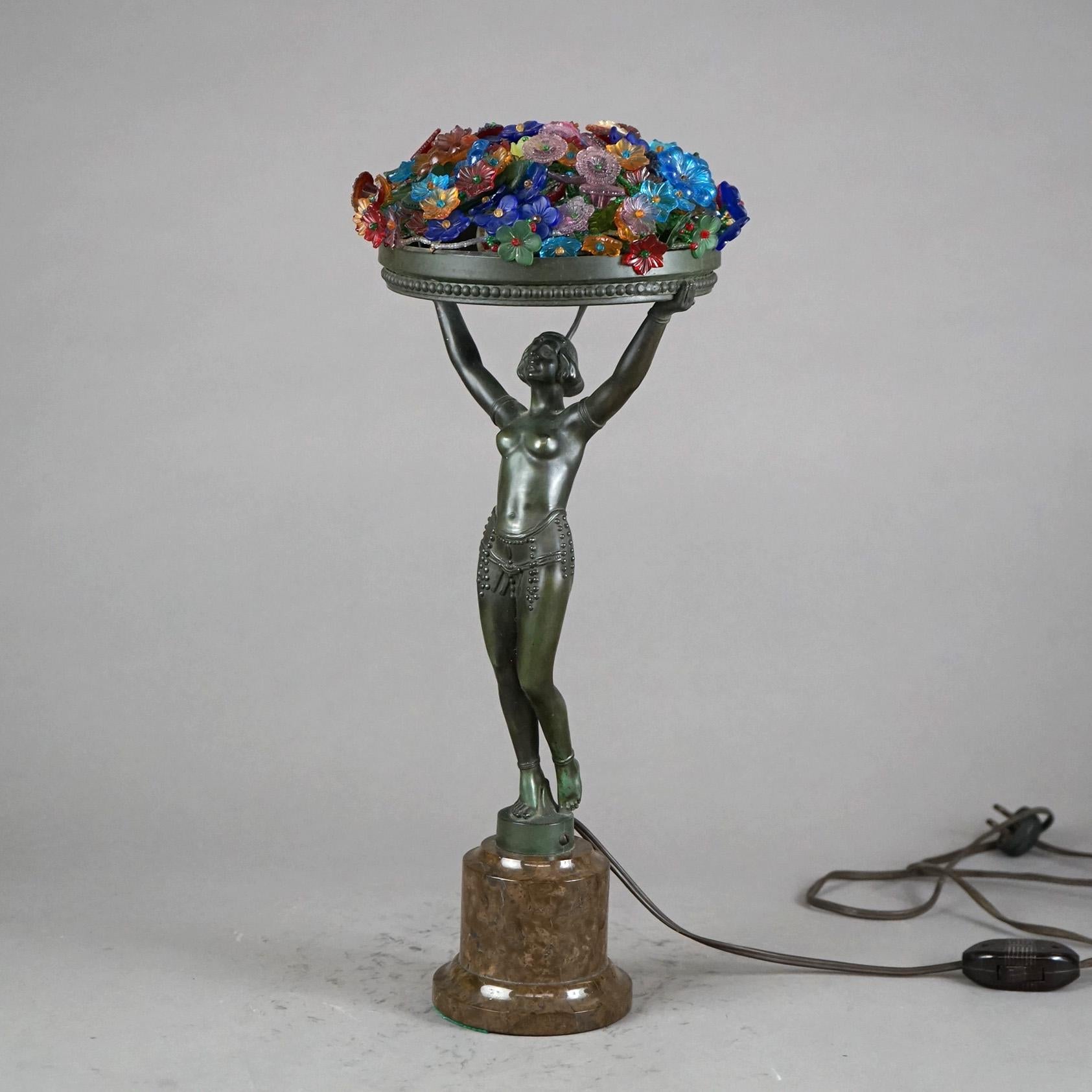 Art Deco Frankart Style Figural Nude Table Lamp with Floral Shade C1930 3