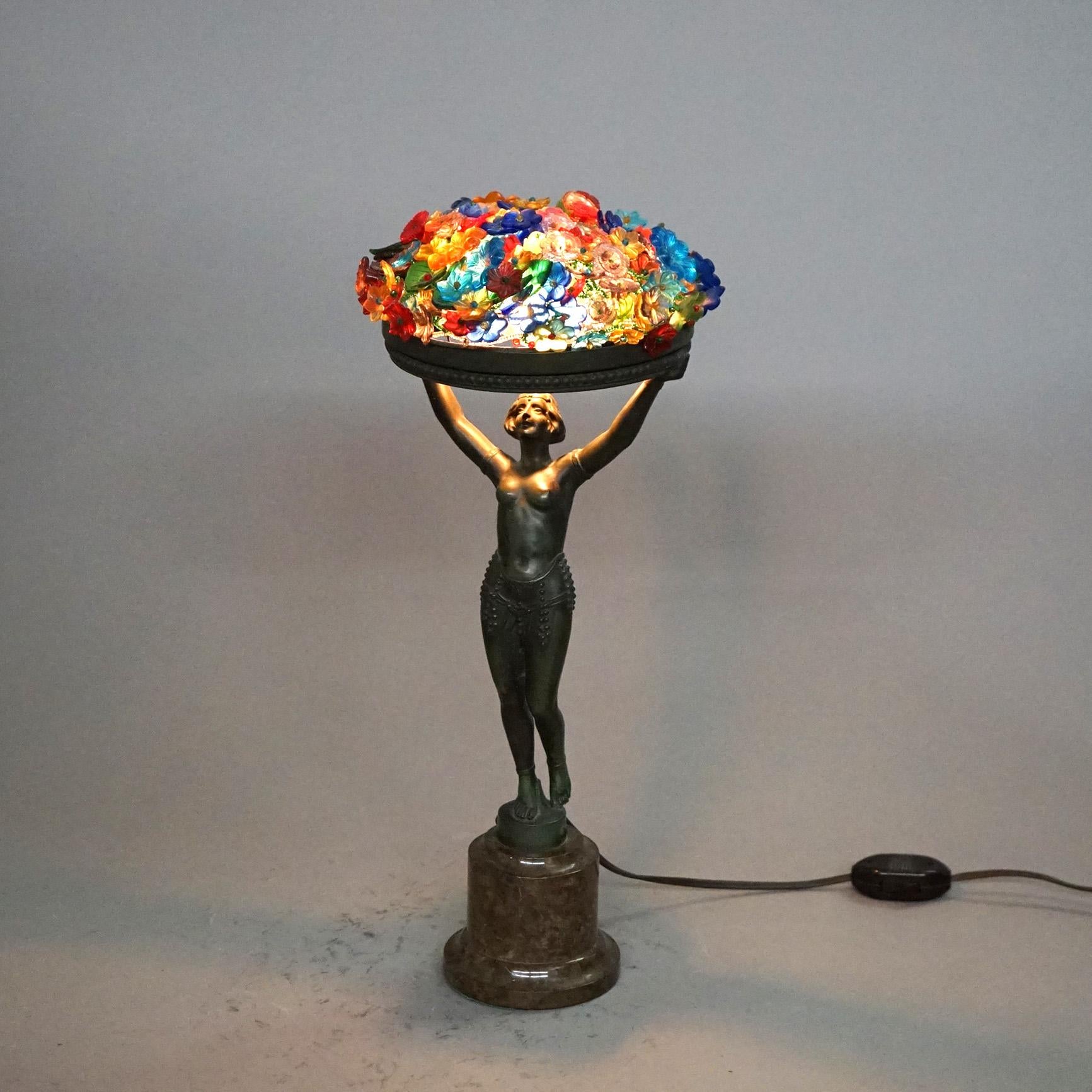 American Art Deco Frankart Style Figural Nude Table Lamp with Floral Shade C1930