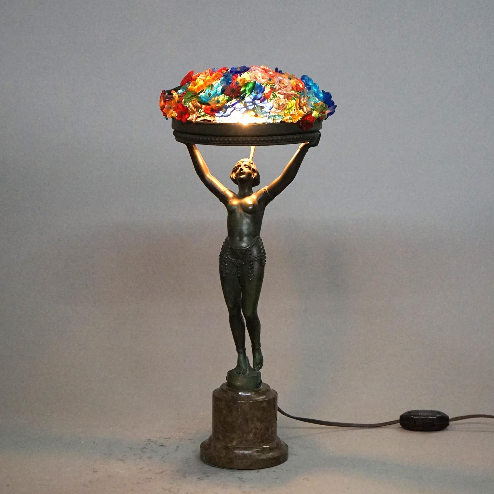 Art Deco Frankart Style Figural Nude Table Lamp with Floral Shade C1930 In Good Condition In Big Flats, NY