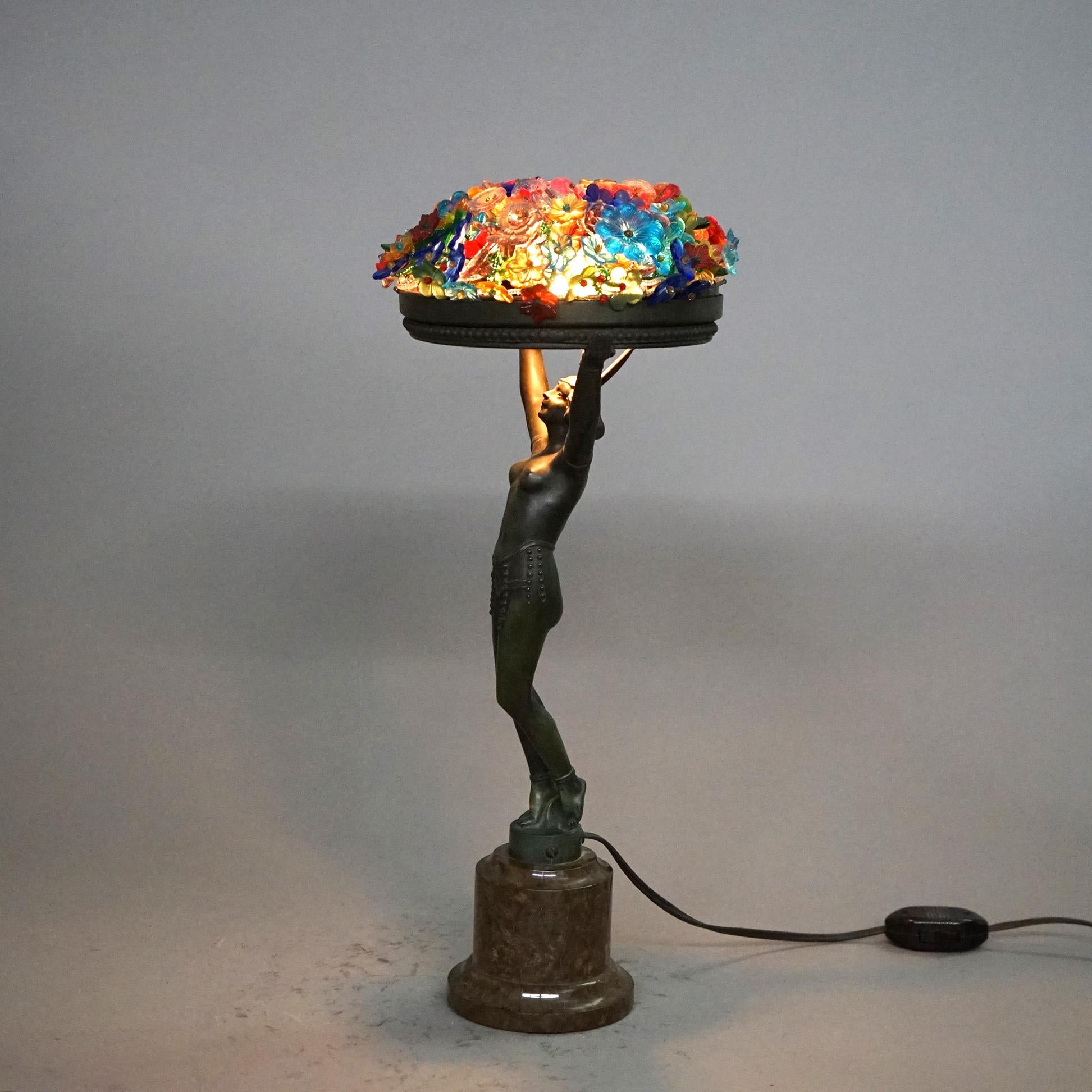 20th Century Art Deco Frankart Style Figural Nude Table Lamp with Floral Shade C1930