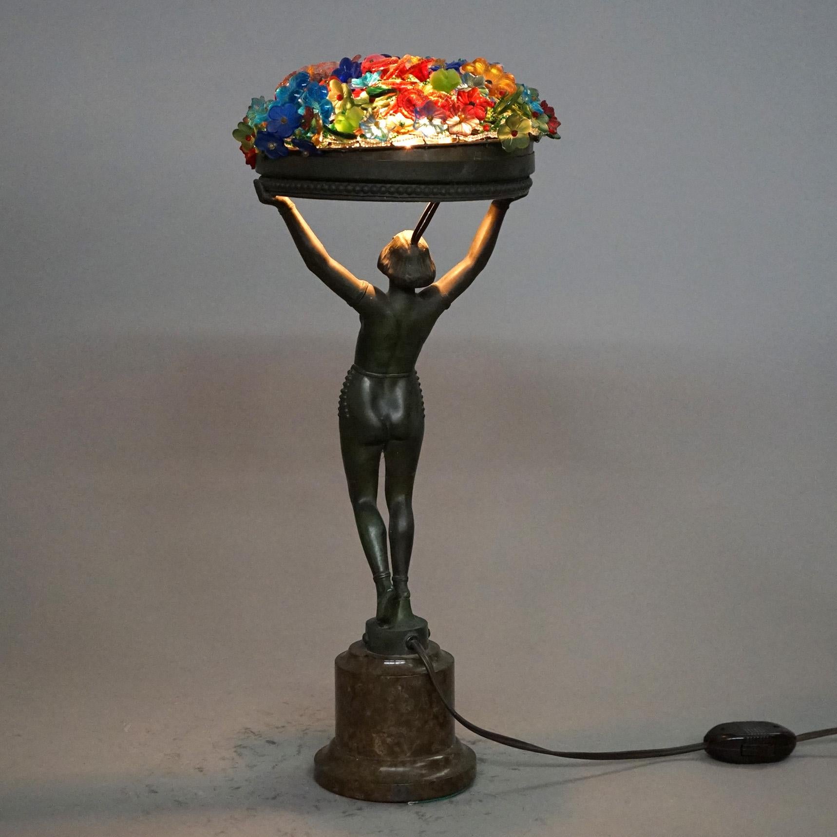 Metal Art Deco Frankart Style Figural Nude Table Lamp with Floral Shade C1930