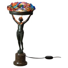 Art Deco Frankart Style Figural Nude Table Lamp with Floral Shade C1930