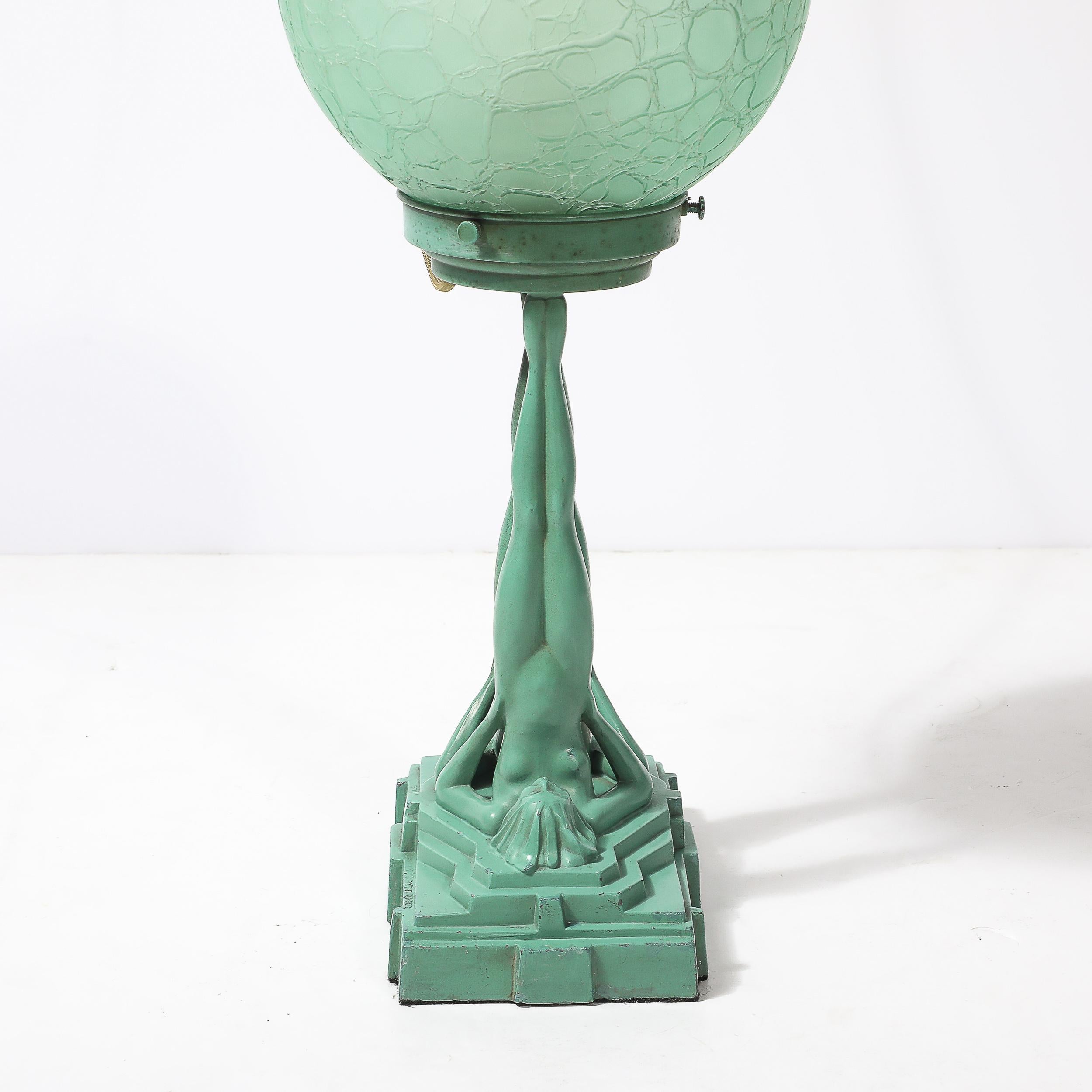 Art Deco Frankarts #L220 Turquoise Figurative Green Craqueleur Glass Table Lamp en vente 3