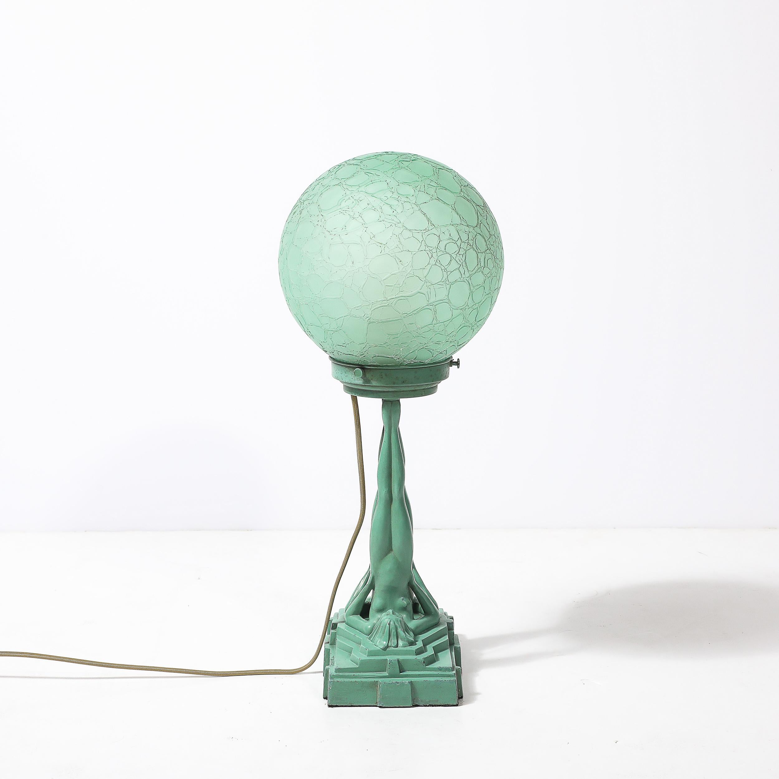 Art Deco Frankarts #L220 Turquoise Figurative Green Craqueleur Glass Table Lamp en vente 5