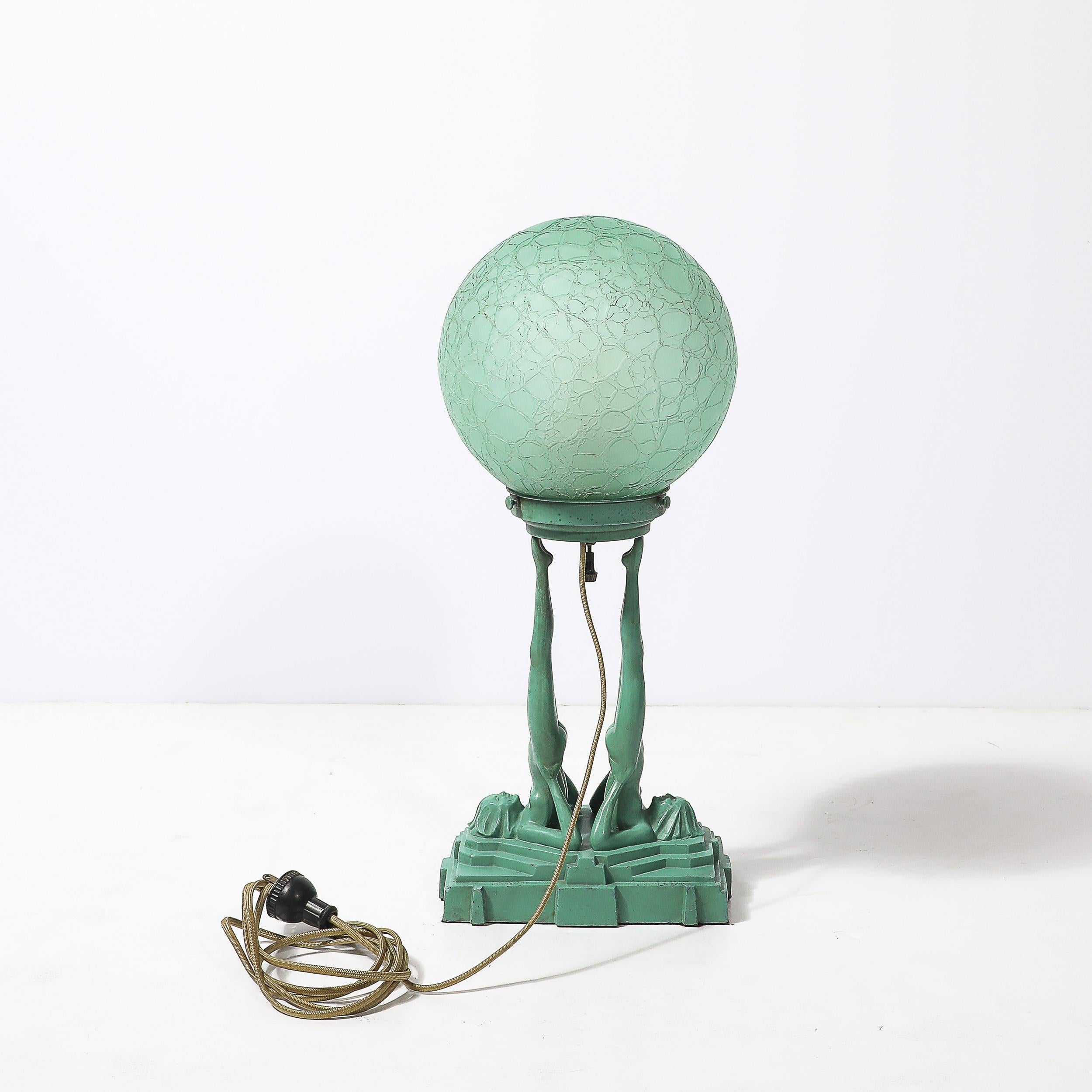 Art Deco Frankarts #L220 Turquoise Figurative Green Craqueleur Glass Table Lamp en vente 6