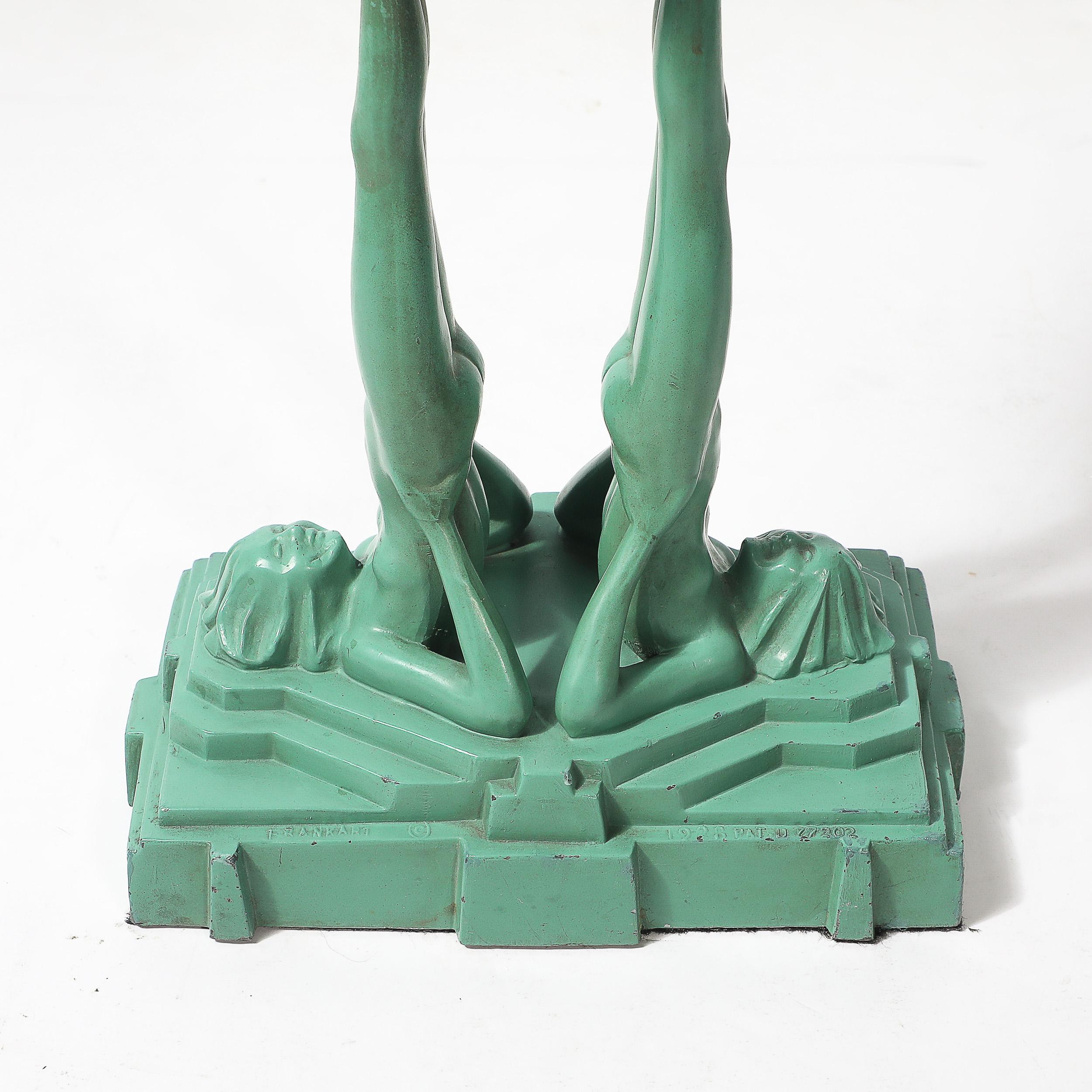 Art Deco Frankarts #L220 Turquoise Figurative Green Craqueleur Glass Table Lamp en vente 7