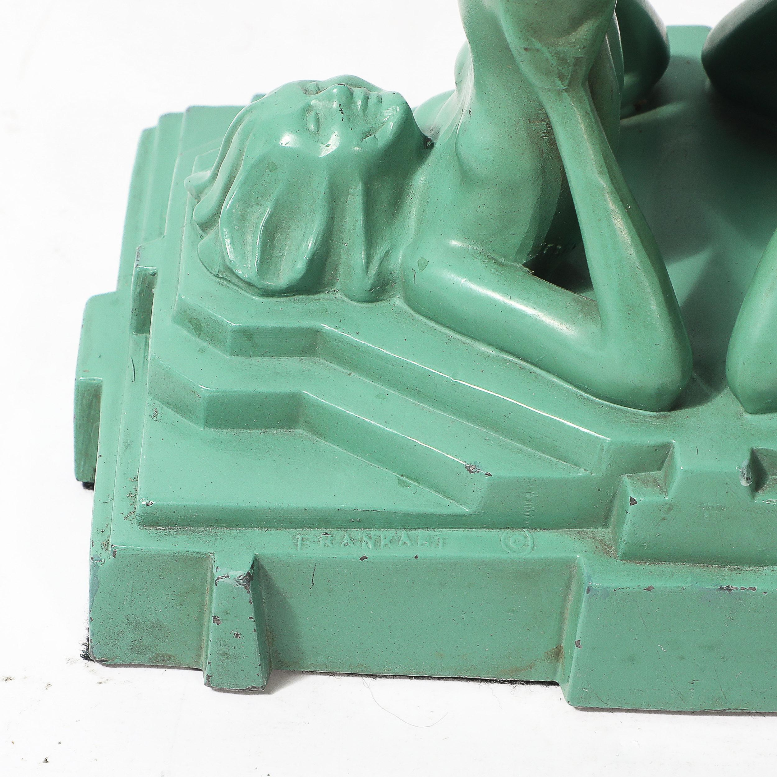 Art Deco Frankarts #L220 Turquoise Figurative Green Craqueleur Glass Table Lamp en vente 8
