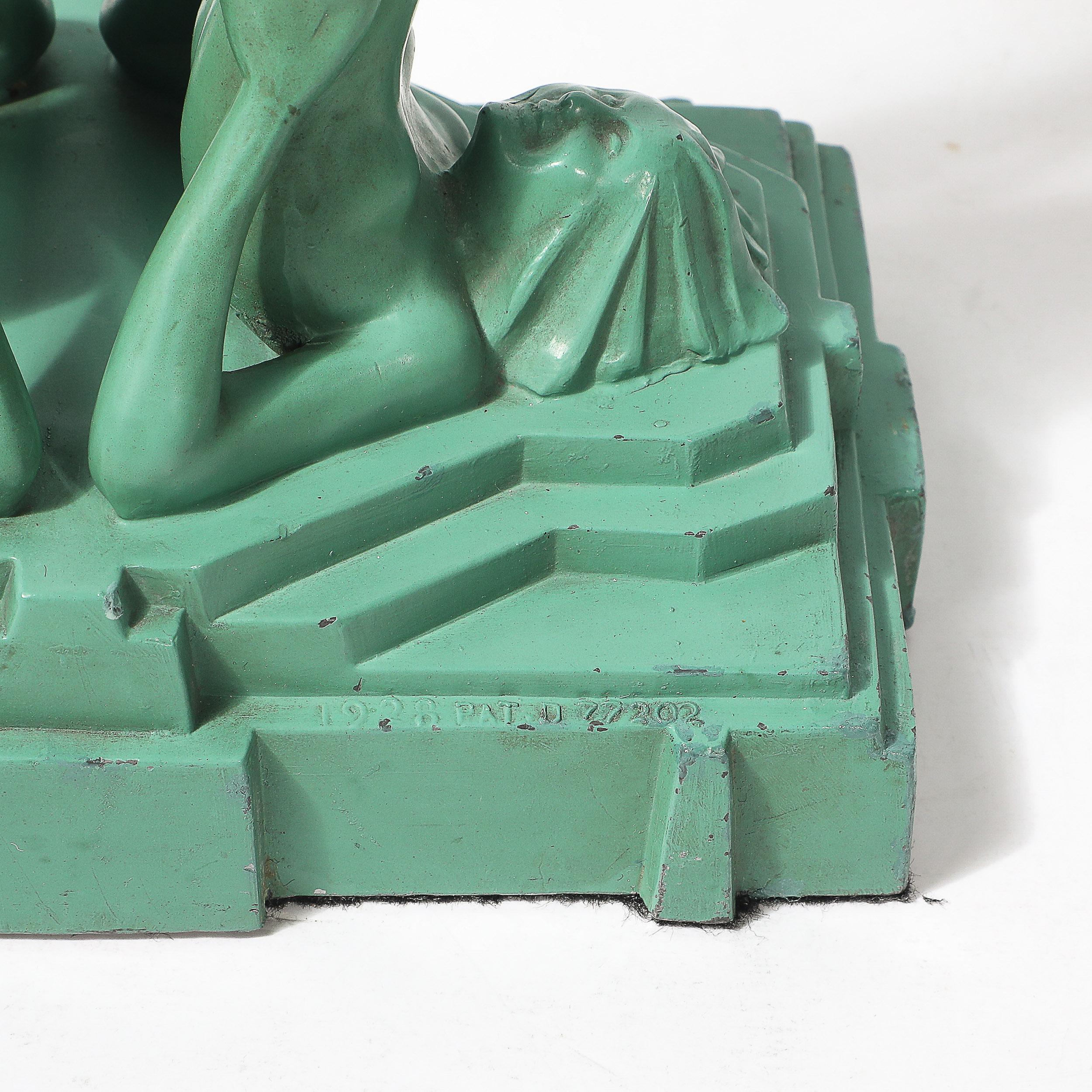 Art Deco Frankarts #L220 Turquoise Figurative Green Craqueleur Glass Table Lamp en vente 9