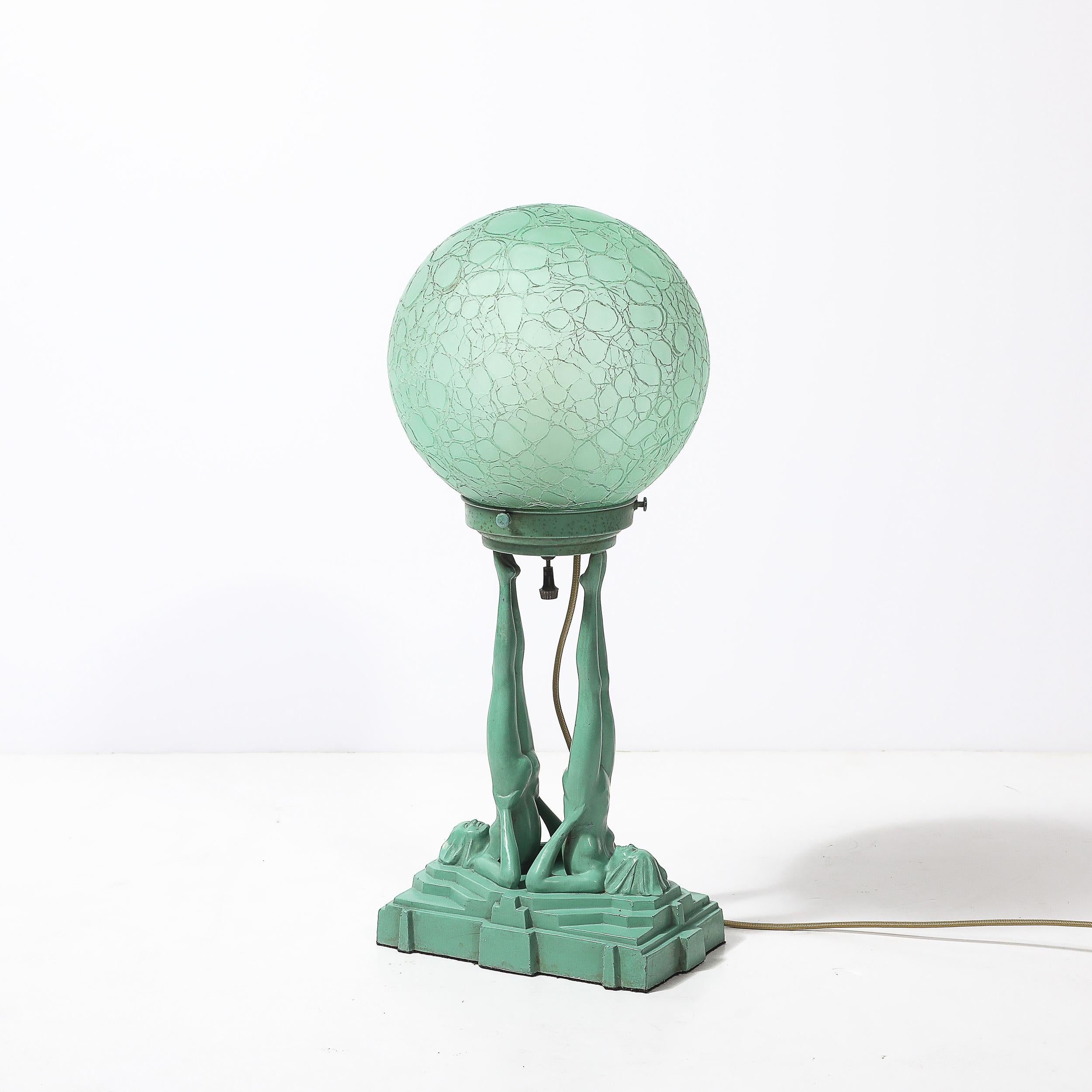 Art Deco Frankarts #L220 Turquoise Figurative Green Craqueleur Glass Table Lamp en vente 12