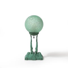 Art Deco Frankarts #L220 Turquoise Figurative Green Craqueleur Glass Table Lamp