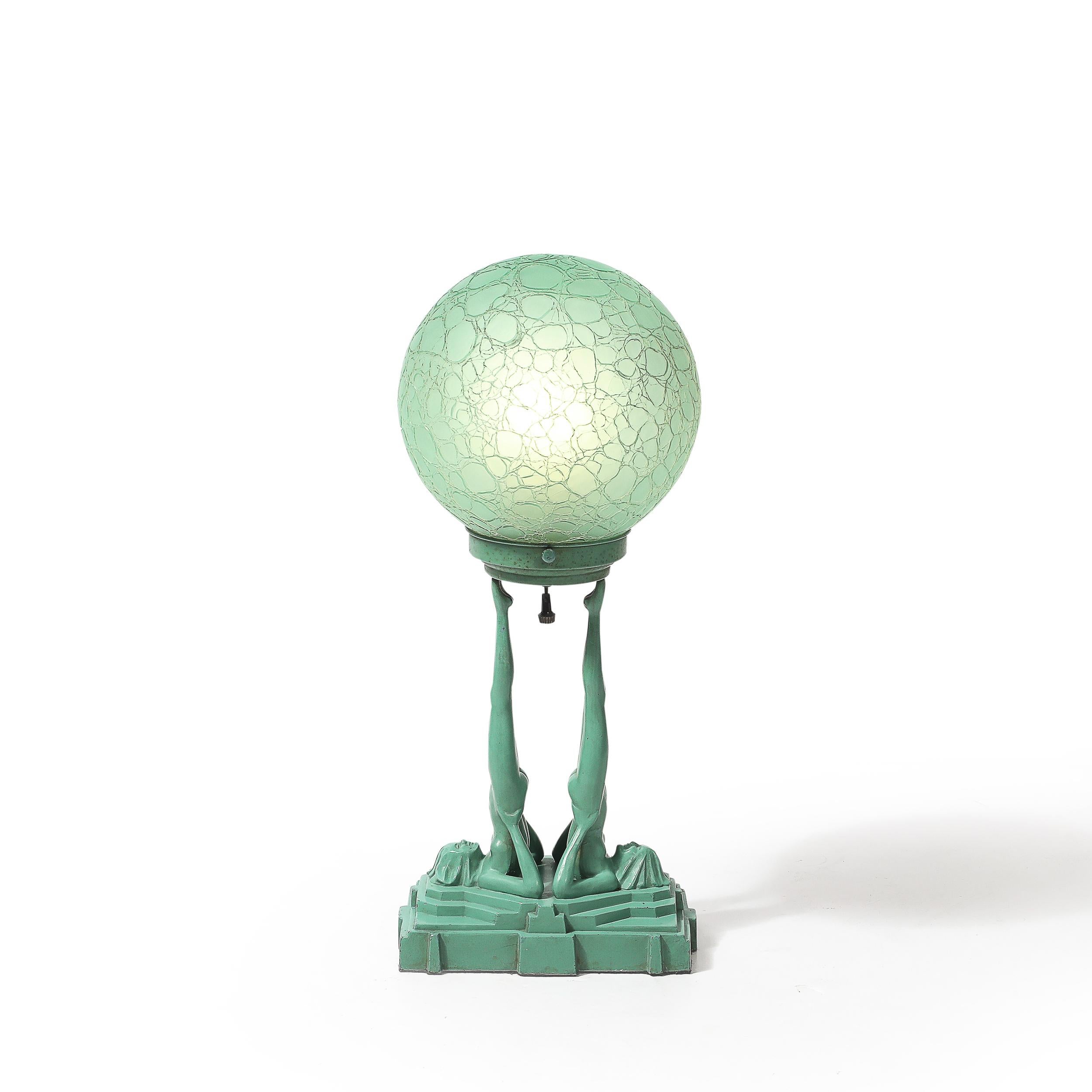 Art Deco Frankarts #L220 Turquoise Figurative Green Craqueleur Glass Table Lamp en vente 13