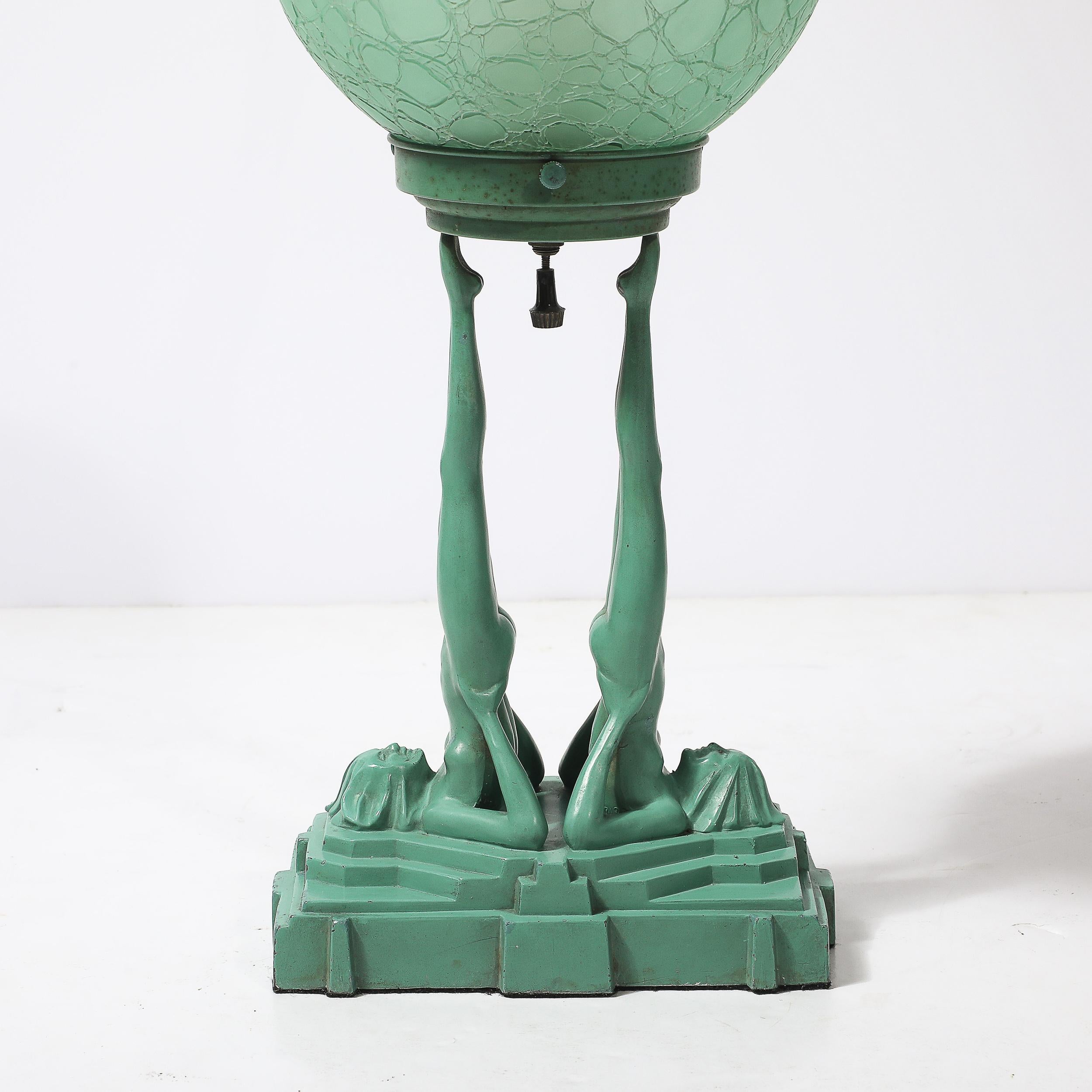 Art déco Art Deco Frankarts #L220 Turquoise Figurative Green Craqueleur Glass Table Lamp en vente