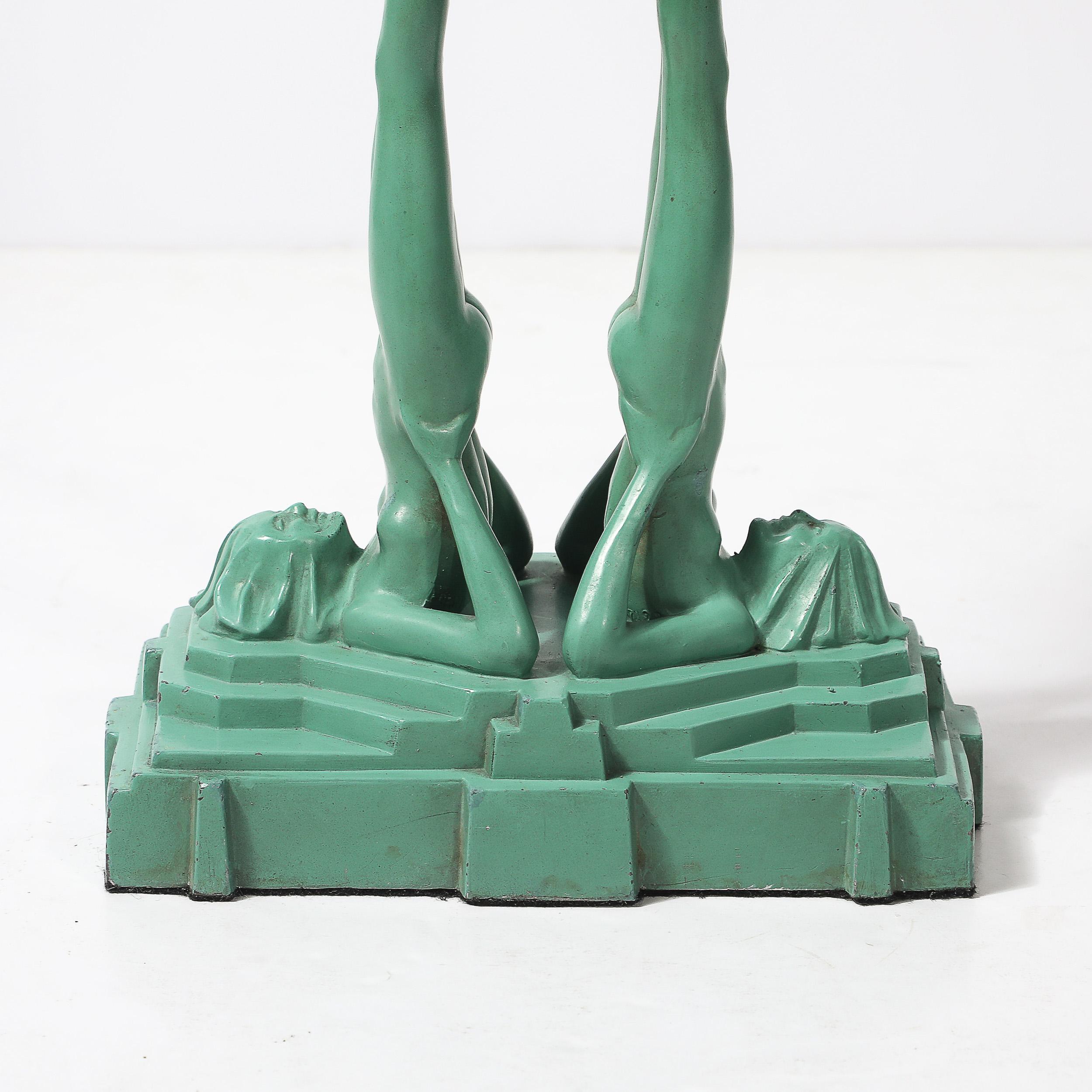 Américain Art Deco Frankarts #L220 Turquoise Figurative Green Craqueleur Glass Table Lamp en vente