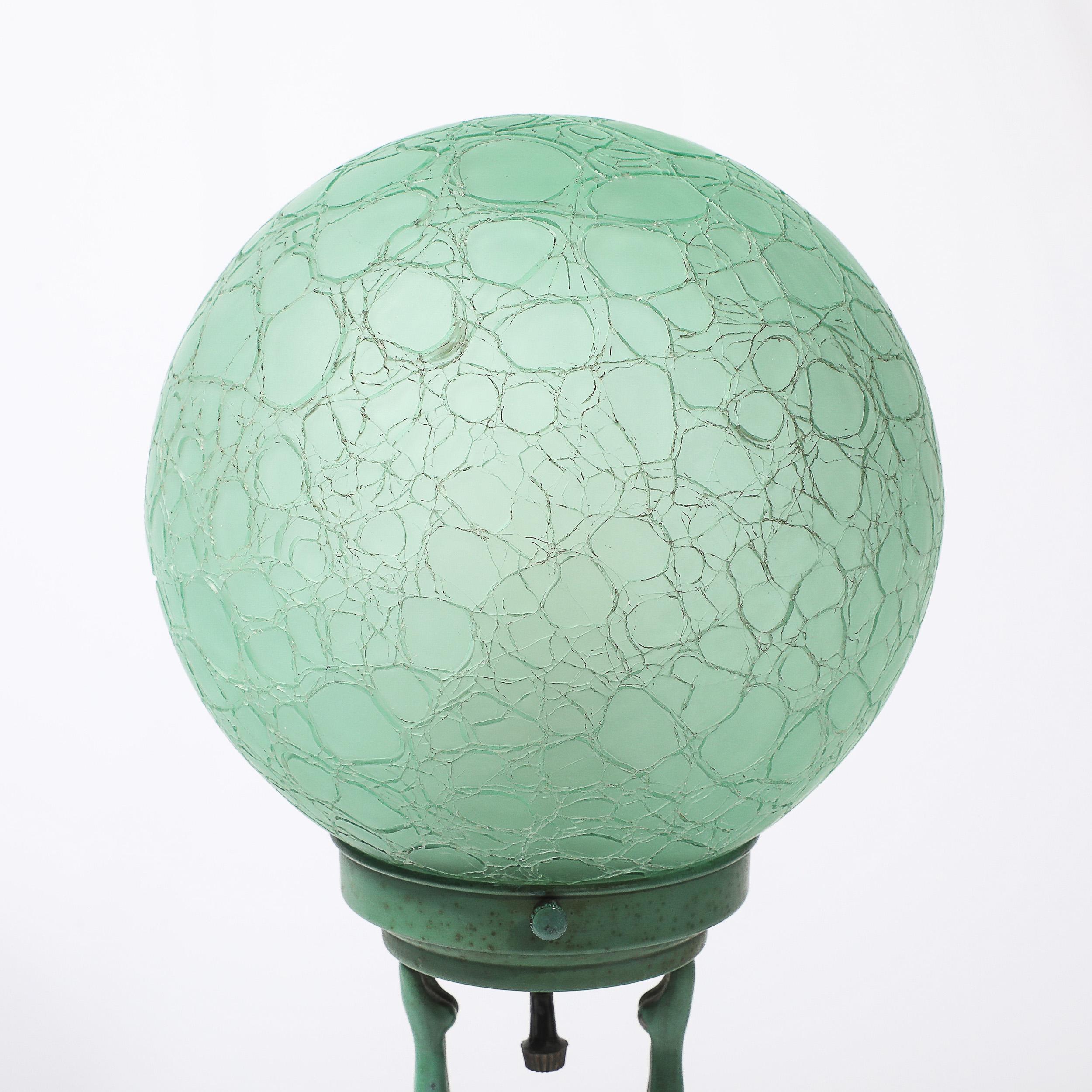 Art Deco Frankarts #L220 Turquoise Figurative Green Craqueleur Glass Table Lamp Excellent état - En vente à New York, NY