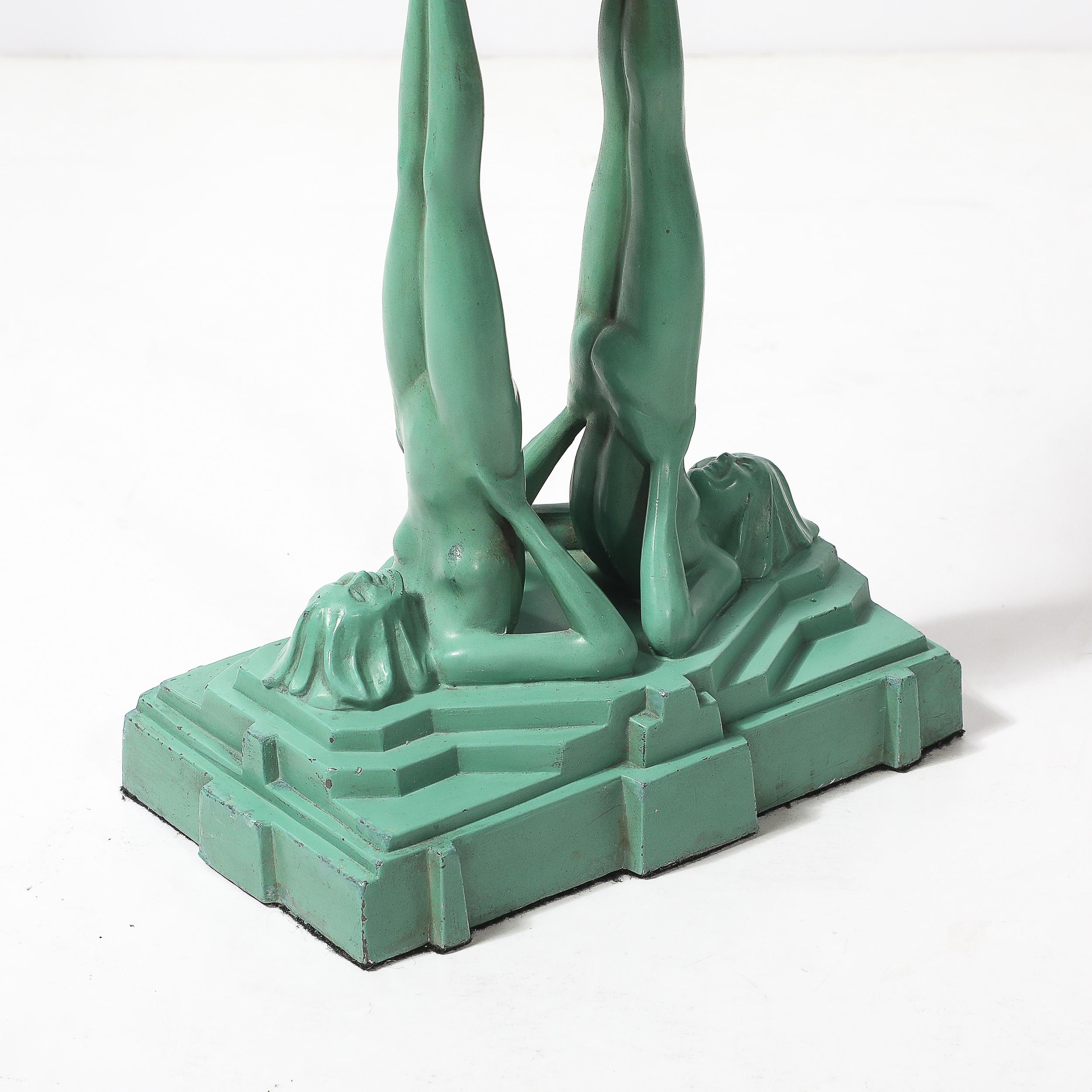 Métal Art Deco Frankarts #L220 Turquoise Figurative Green Craqueleur Glass Table Lamp en vente