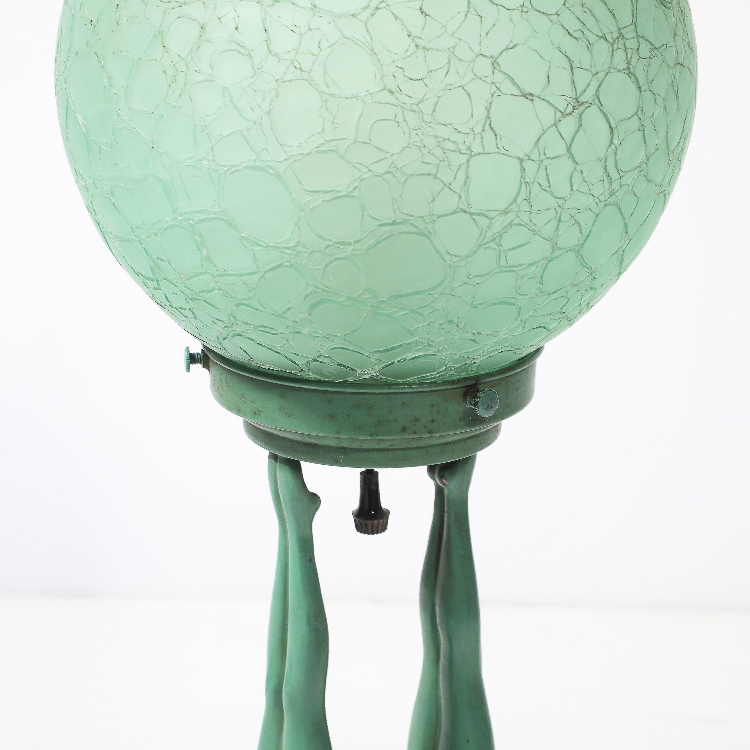 Art Deco Frankarts #L220 Turquoise Figurative Green Craqueleur Glass Table Lamp en vente 1