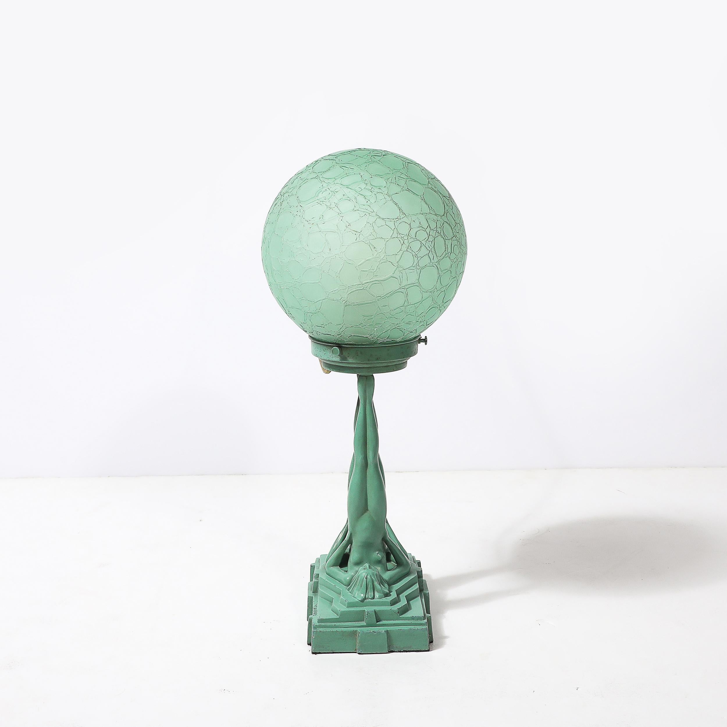 Art Deco Frankarts #L220 Turquoise Figurative Green Craqueleur Glass Table Lamp en vente 2