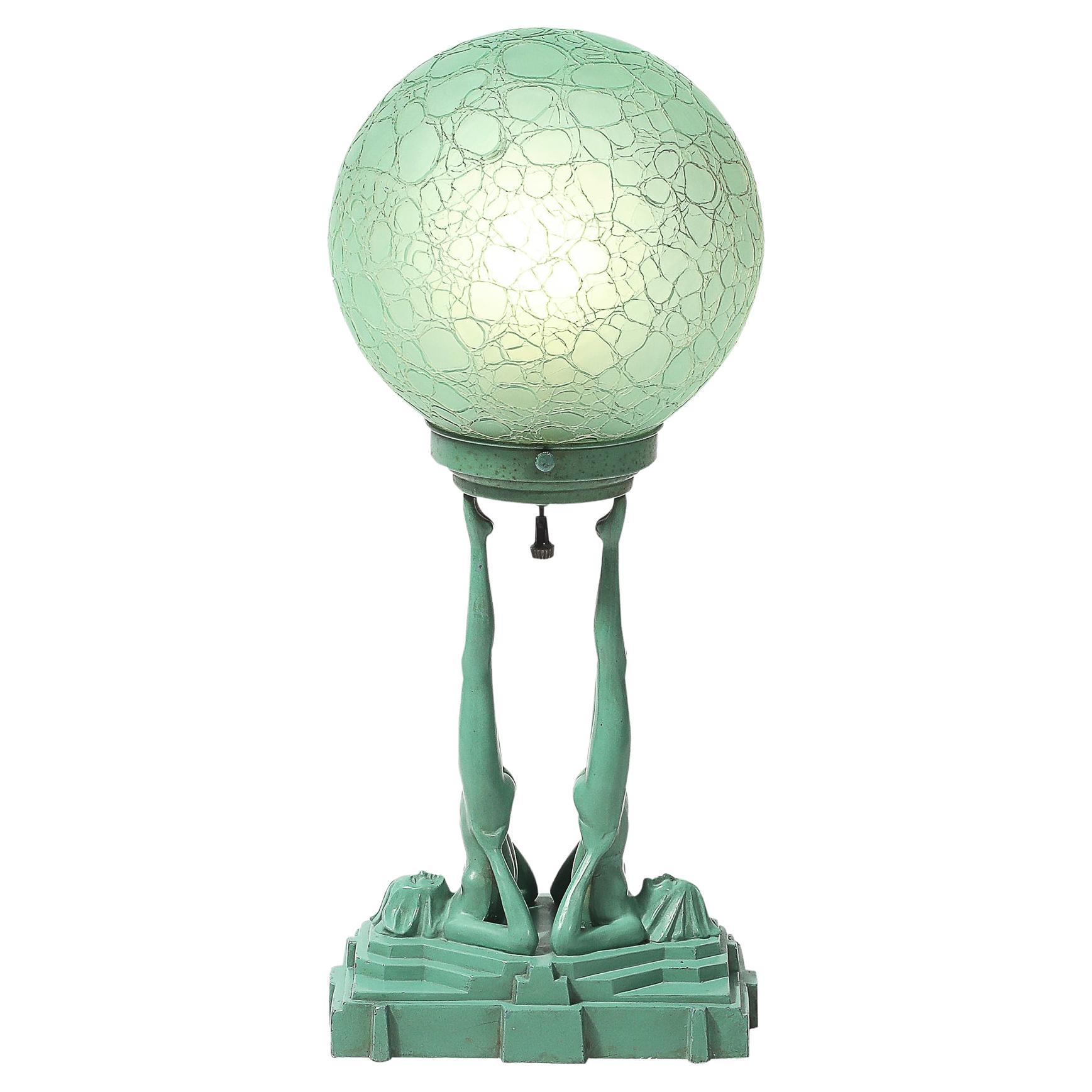 Art Deco Frankarts #L220 Turquoise Figurative Green Craqueleur Glass Table Lamp en vente
