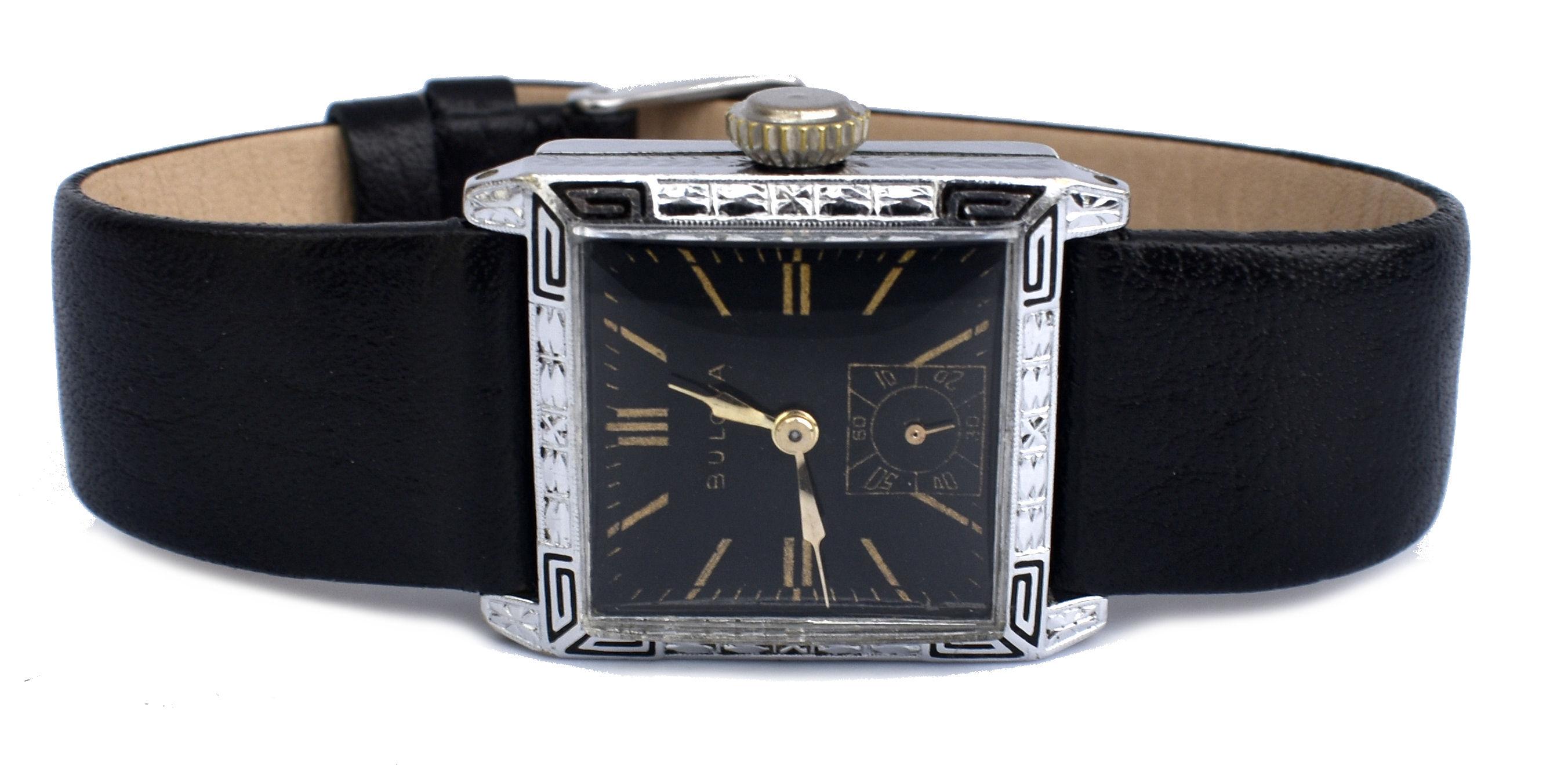 For your consideration is this fabulously stylish Art Deco Gents manual wrist watch by the American watch company Bulova. This 93 year old Art Deco watch known as the ‘franklin’ and has a rare black dial, with gold numerals with a 14k white gold