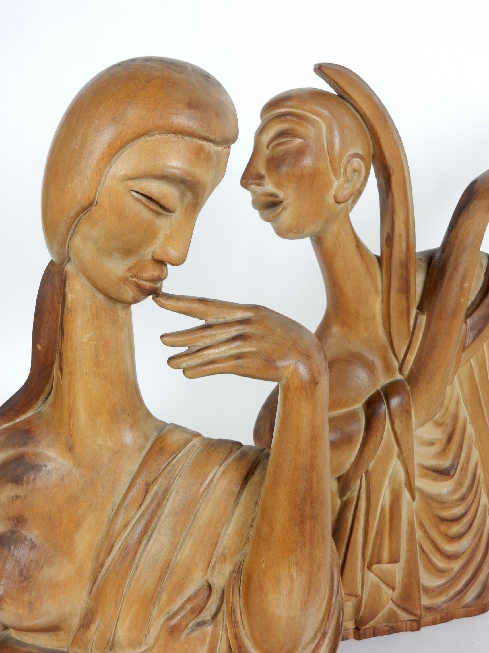 Large Art Deco era figural wood sculptures 
Of a stylistic woman and man playing a Lyre.
Each stands 19
