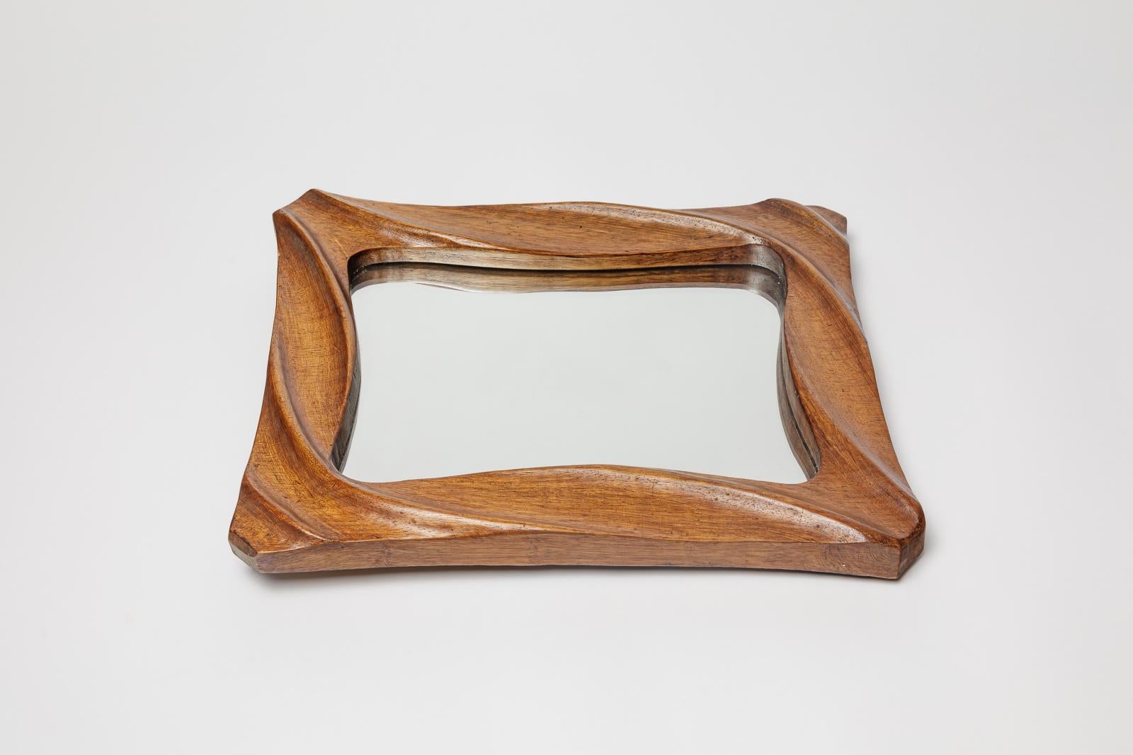 Art deco free form wood wall mirror circa 1940 french unique handmade production Excellent état - En vente à Neuilly-en- sancerre, FR
