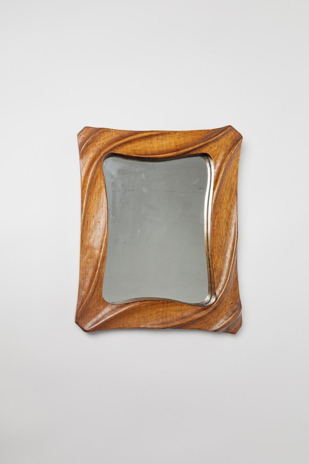 Bois Art deco free form wood wall mirror circa 1940 french unique handmade production en vente