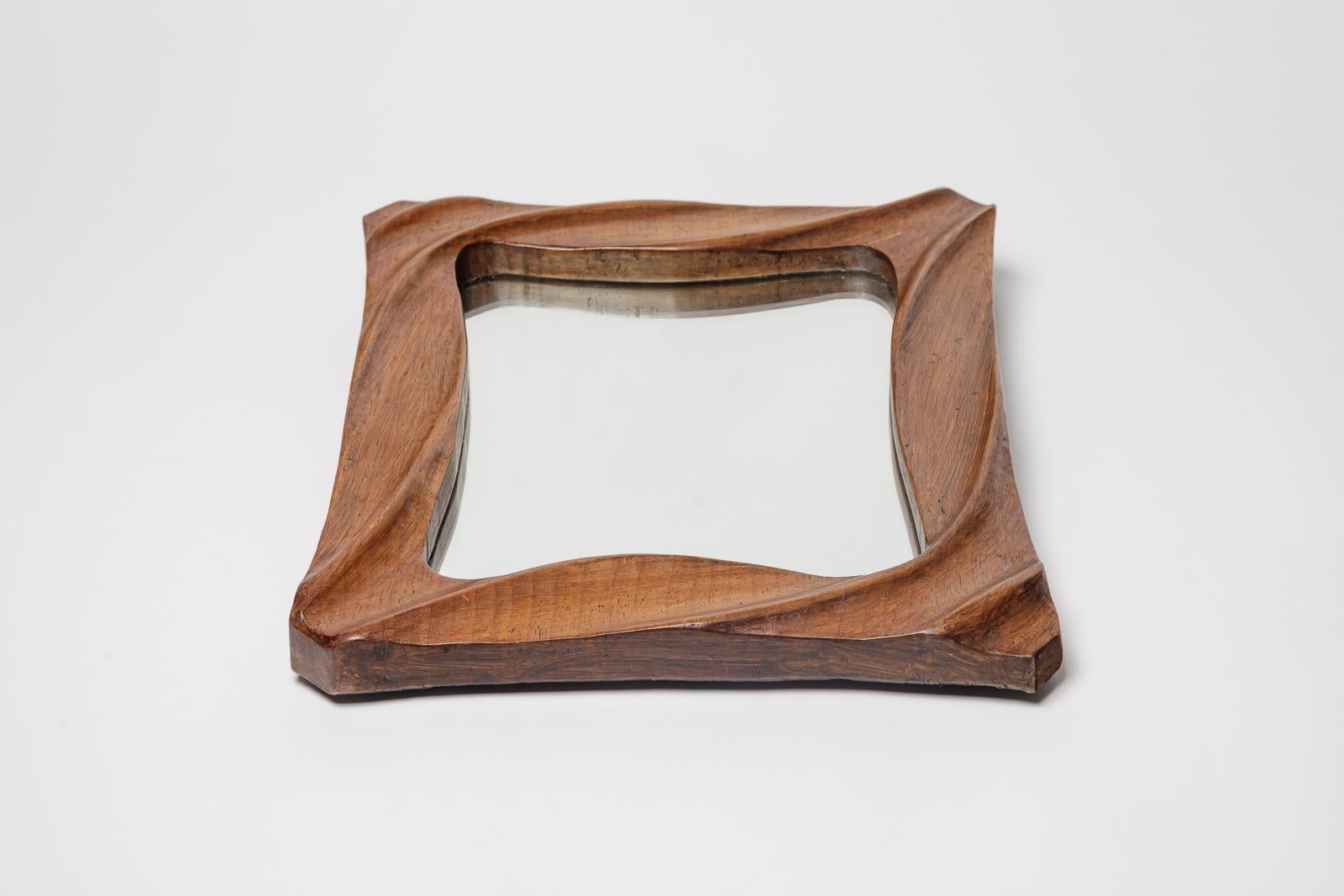 Art deco free form wood wall mirror circa 1940 french unique handmade production en vente 2