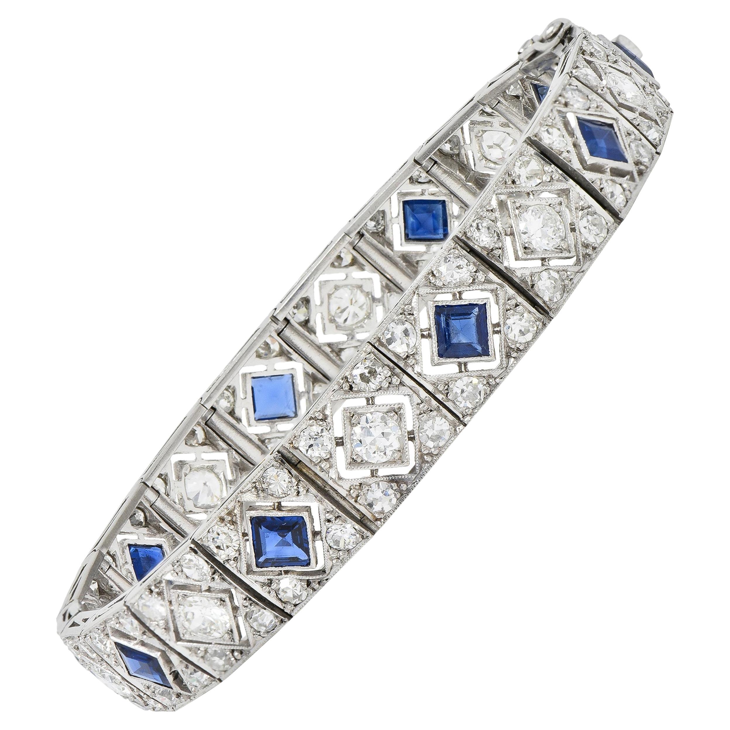 Art Deco French 11.72 CTW Sapphire Diamond Platinum Geometric Line Bracelet