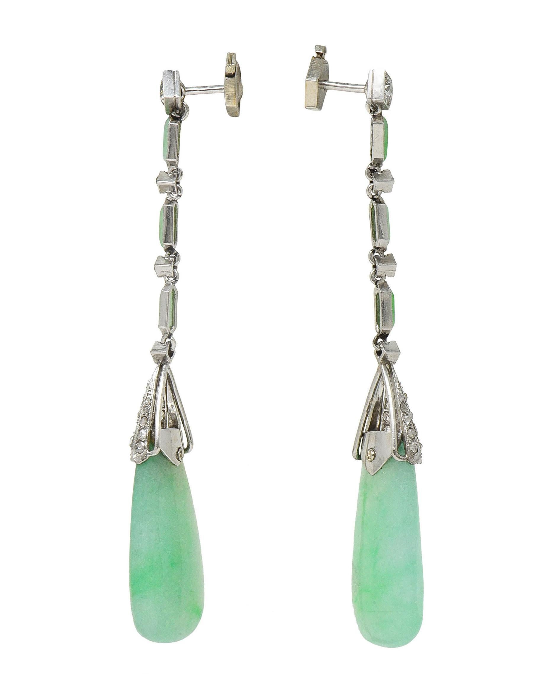 Old European Cut Art Deco French 1.55 CTW Diamond Carved Jade Platinum Vintage Drop Earrings For Sale