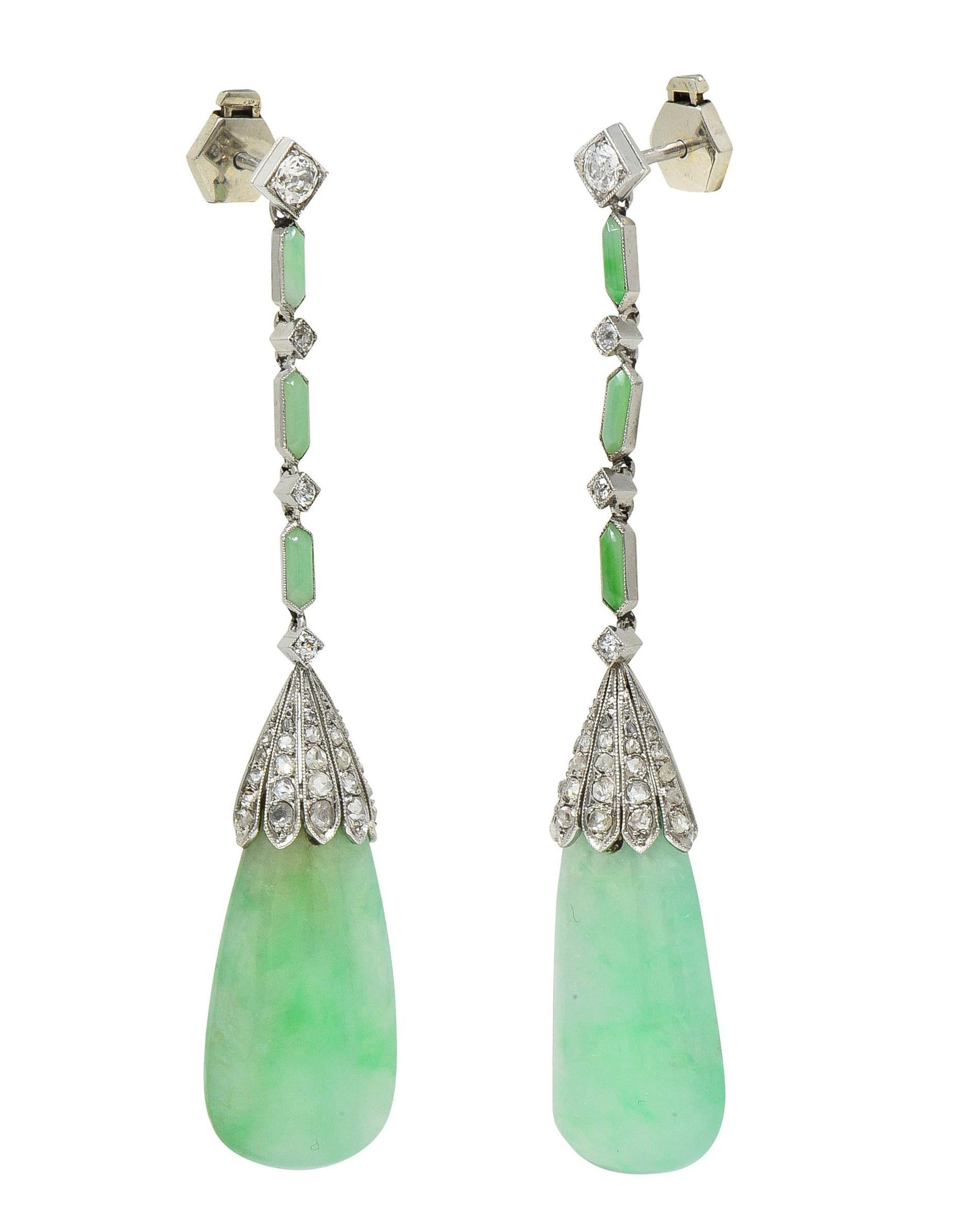 Art Deco French 1.55 CTW Diamond Carved Jade Platinum Vintage Drop Earrings For Sale 2