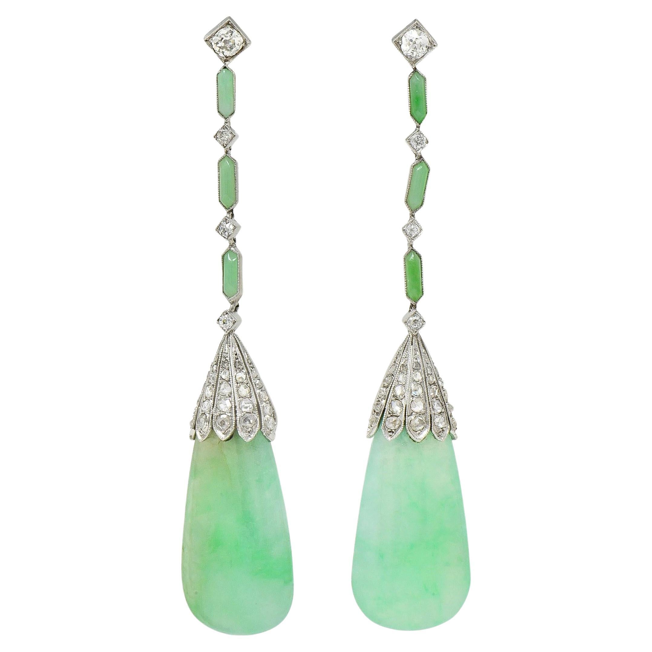 Art Deco French 1.55 CTW Diamond Carved Jade Platinum Vintage Drop Earrings For Sale