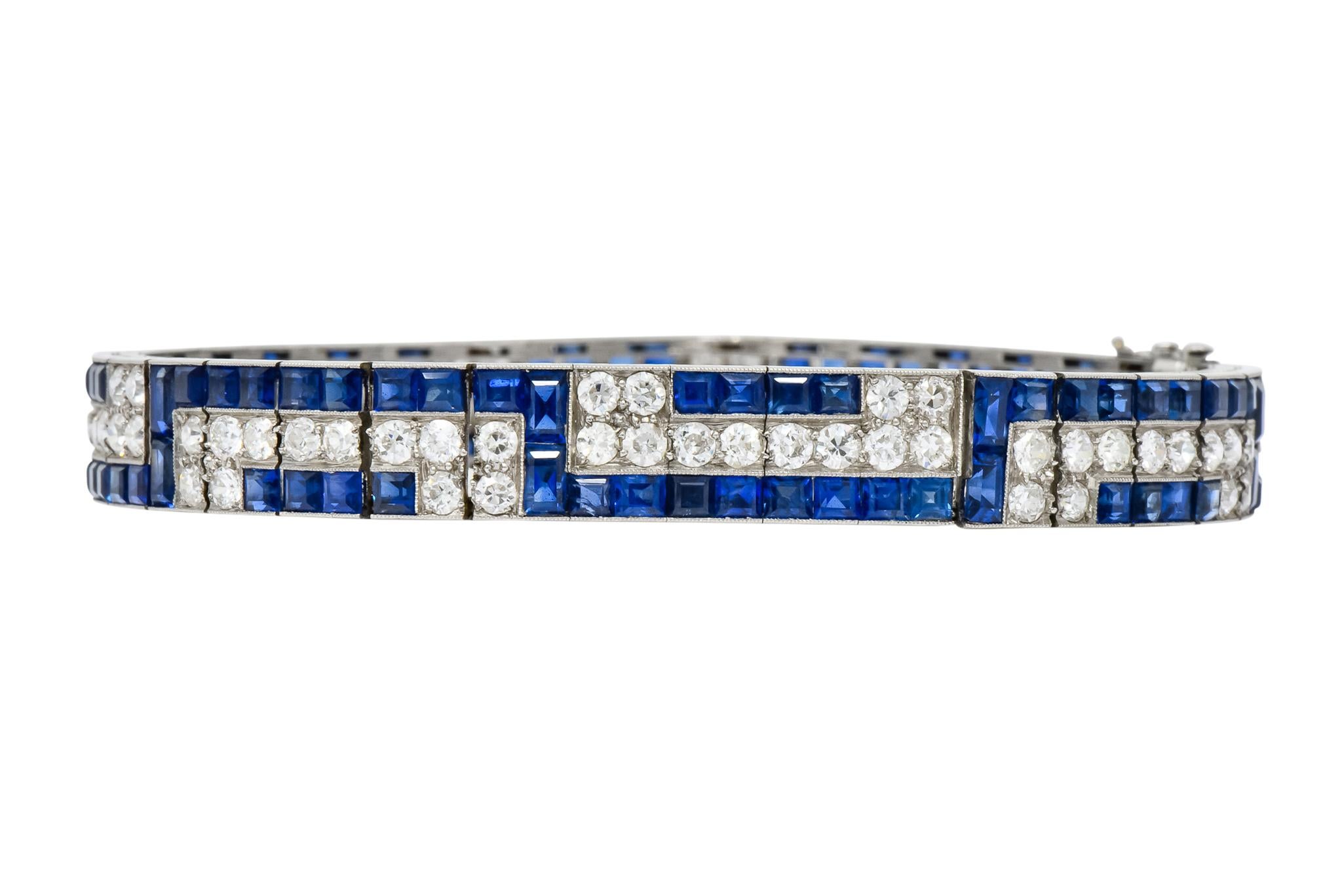 Women's or Men's Art Deco French 16.95 Carat Total Diamond Sapphire Platinum Bracelet