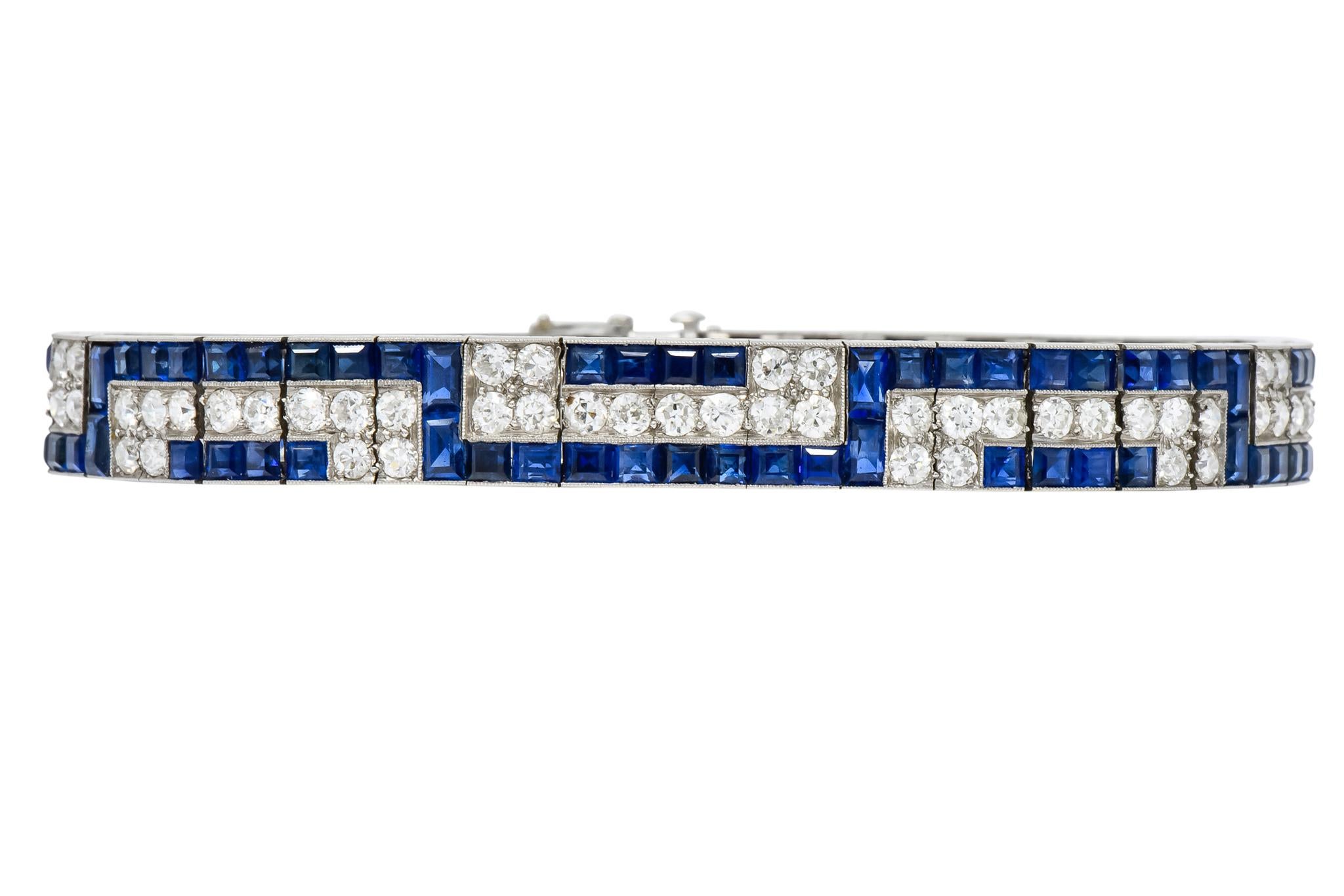 Art Deco French 16.95 Carat Total Diamond Sapphire Platinum Bracelet 1