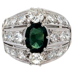 Vintage Art Deco French 1.70 Carats Green Sapphire Diamond Platinum Ring
