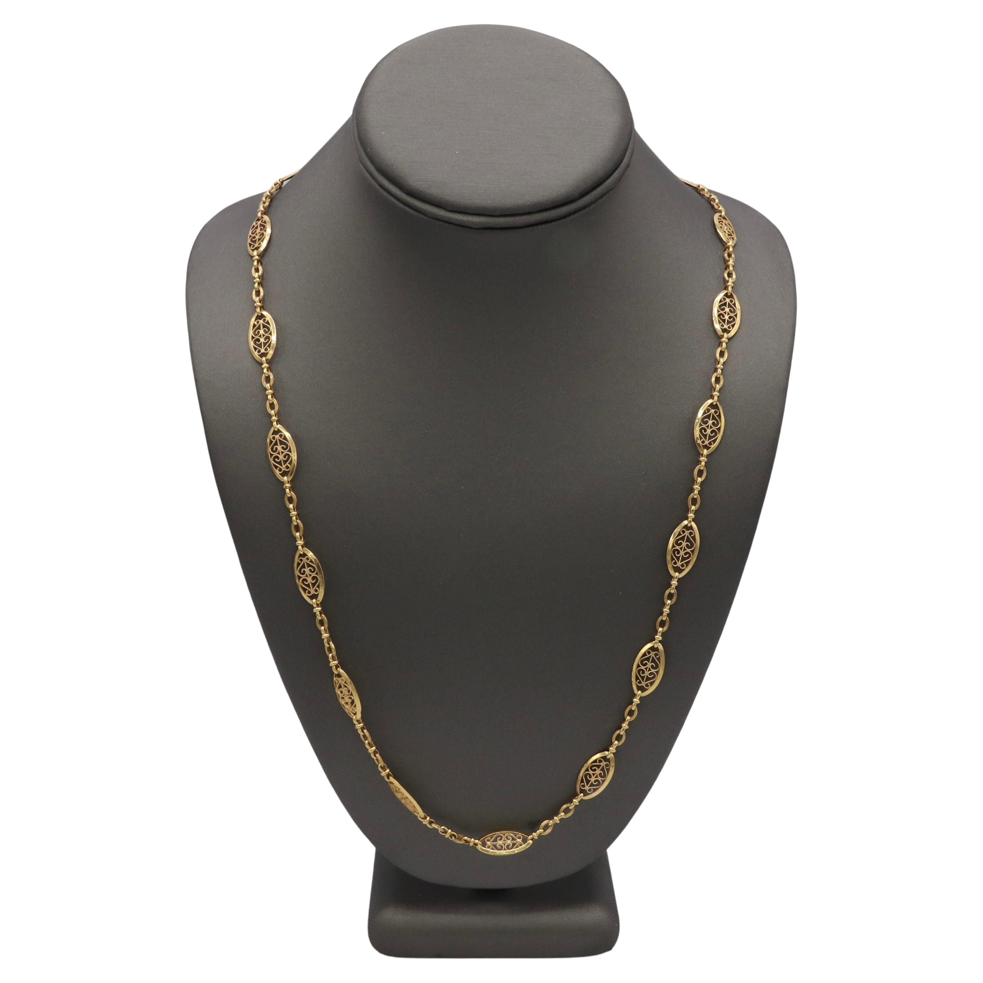 Art Deco French 18 Karat Yellow Gold Filigree Chain Link Necklace 
Metal: 18k yellow gold
Weight: 16.12 grams
Length: 24 inches
Width: 8.6mm
