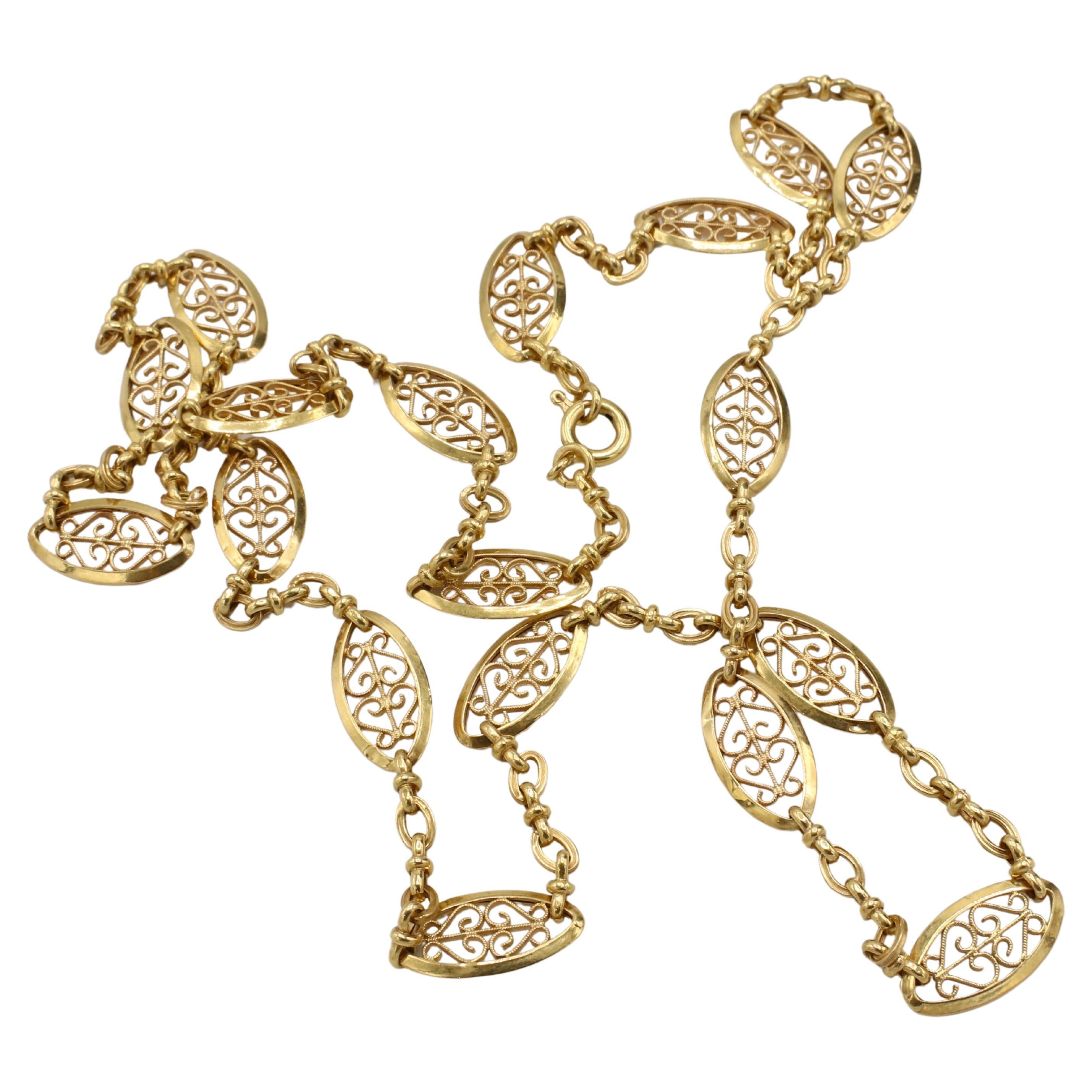 Women's Art Deco French 18 Karat Yellow Gold Filigree Chain Link Necklace