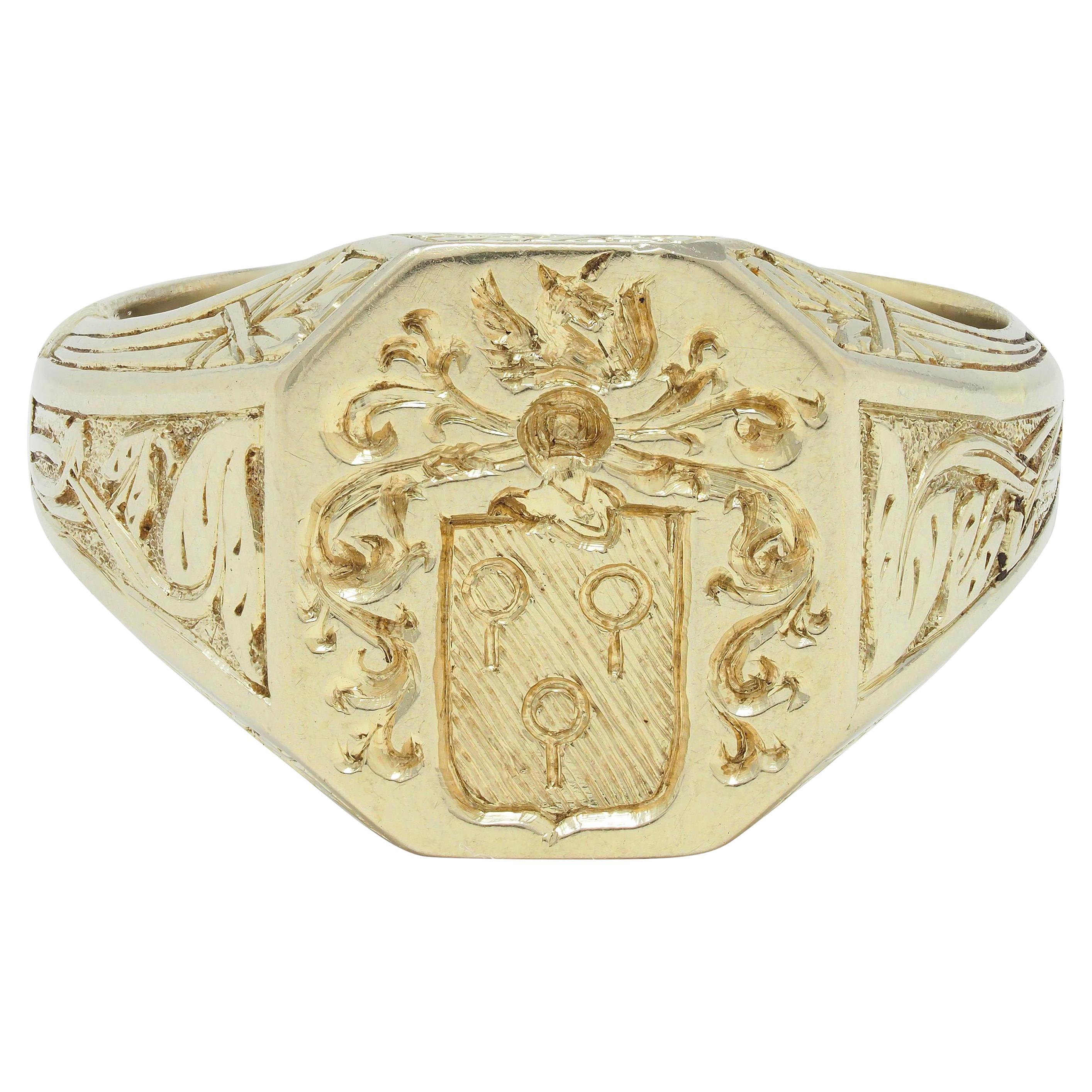 Art Deco French 1927 18 Karat Yellow Gold Unsiex Heraldry Signet Ring For Sale